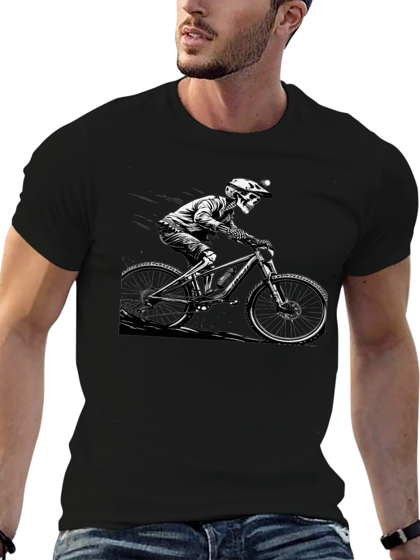 Skeleton Biker Graphic Tee - Black Cotton Shirt