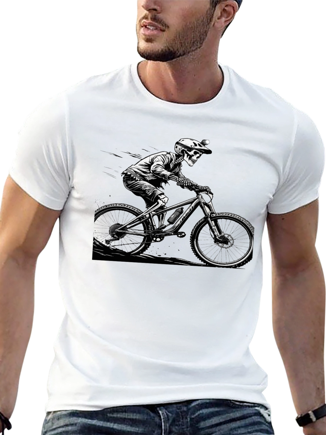 Skeleton Biker Graphic Tee - Black Cotton Shirt