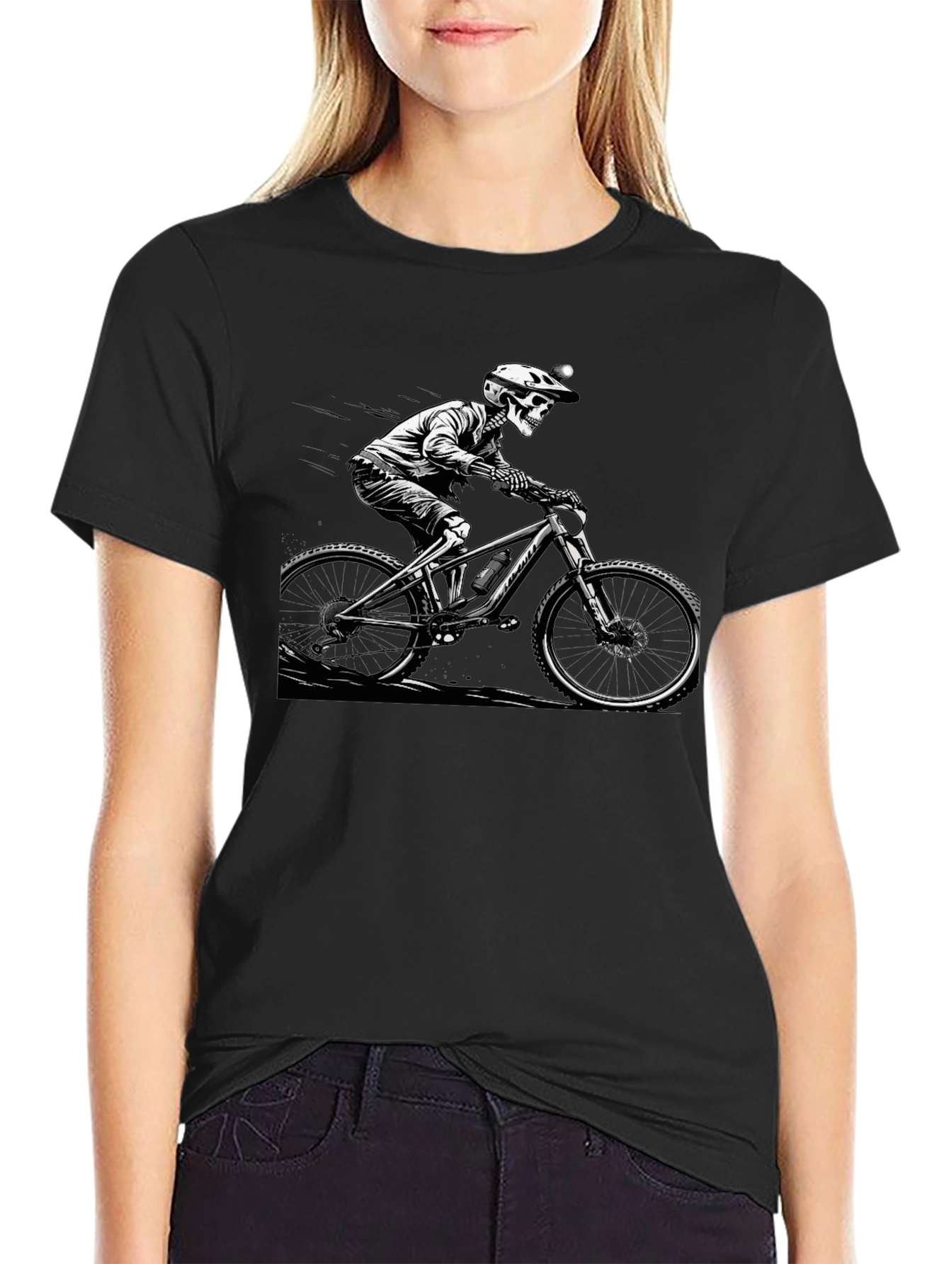Skeleton Biker Graphic Tee - Black Cotton Shirt
