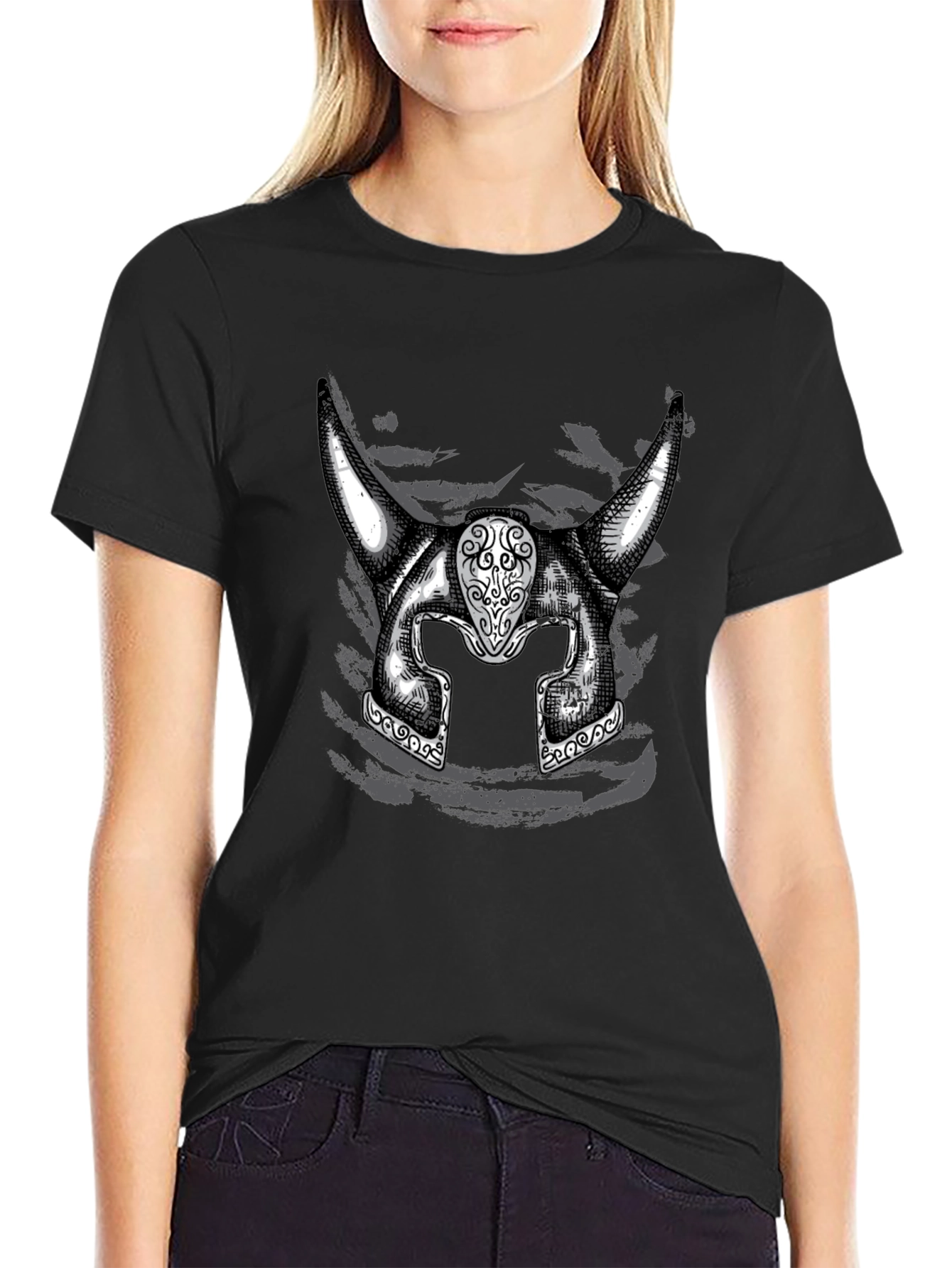 Viking Helmet Graphic Tee - Black Cotton Shirt