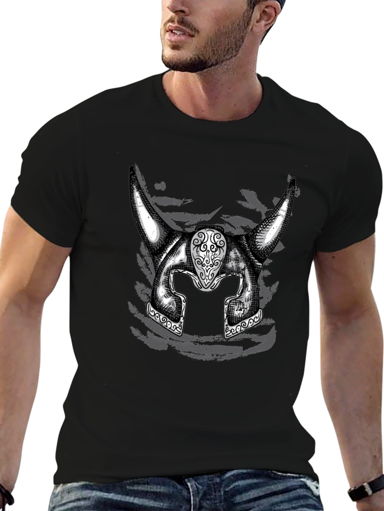 Viking Helmet Graphic Tee - Black Cotton Shirt