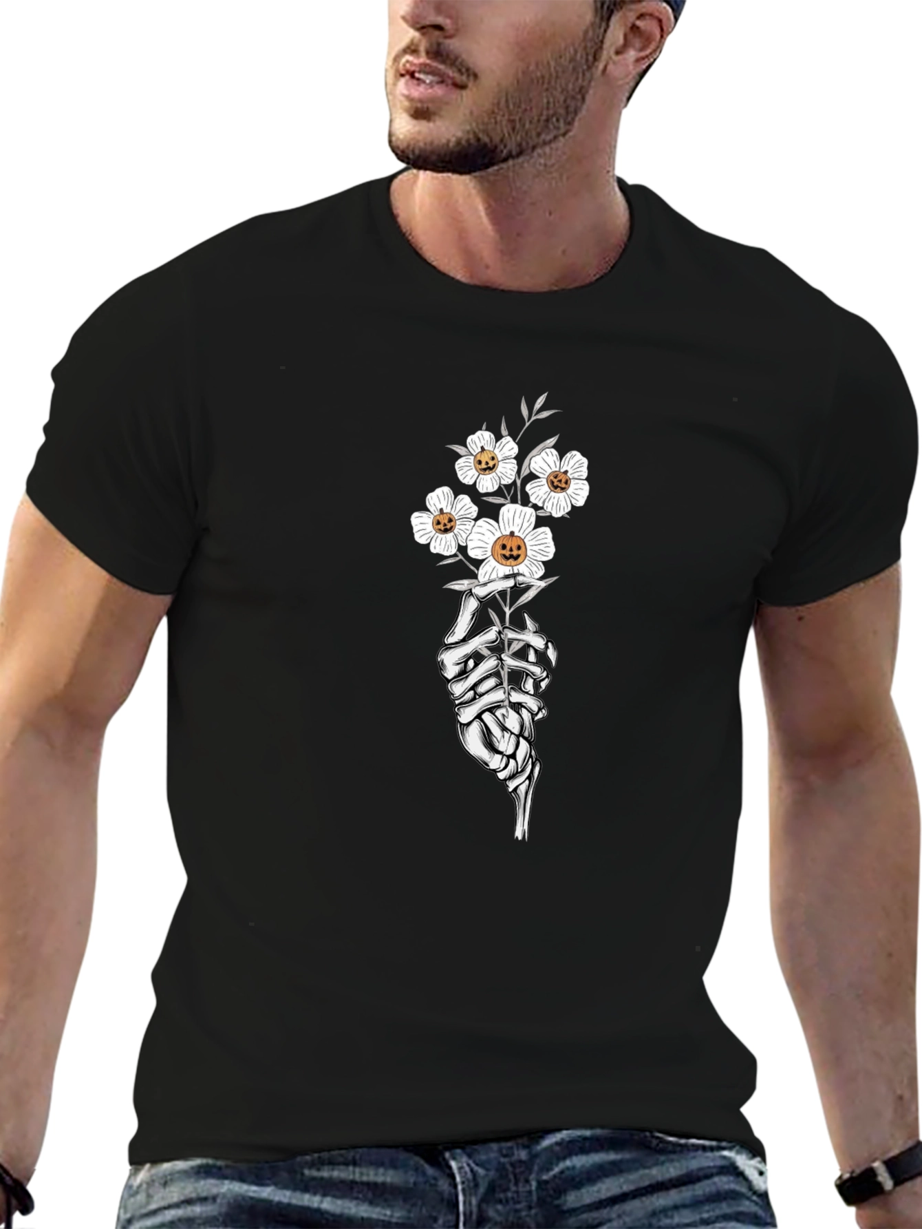 Floral Skeleton Hand Black Graphic Tee