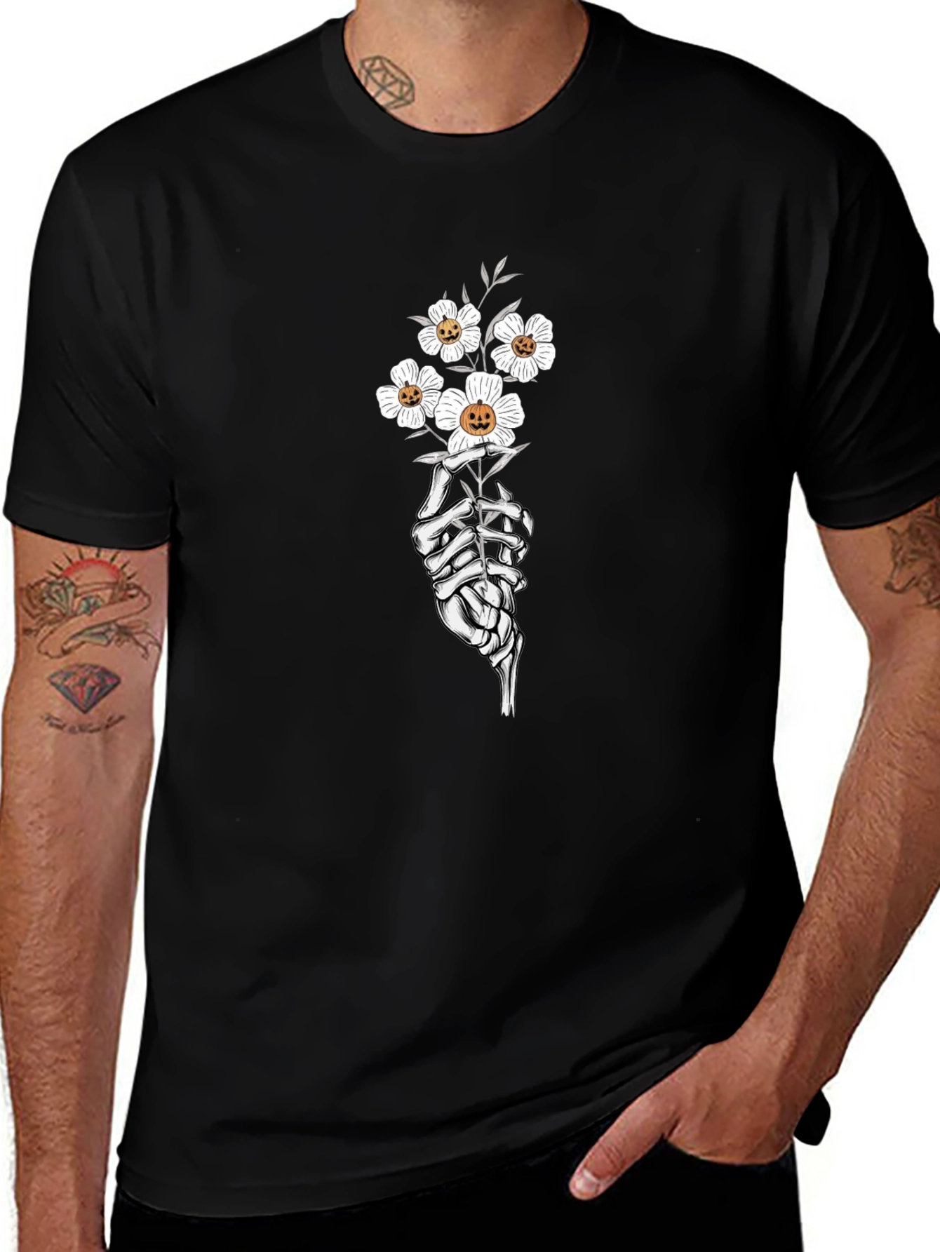 Floral Skeleton Hand Black Graphic Tee