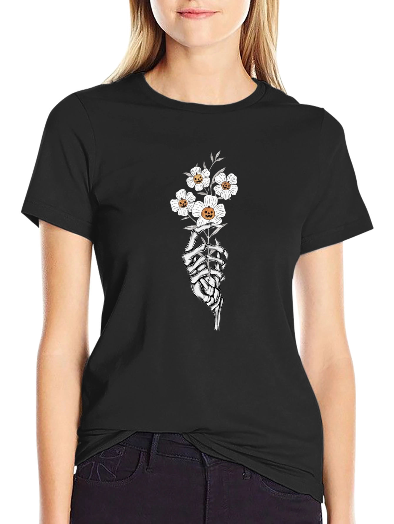 Floral Skeleton Hand Black Graphic Tee