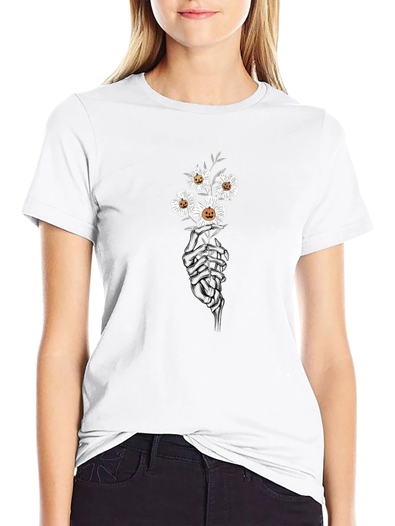 Floral Skeleton Hand Black Graphic Tee