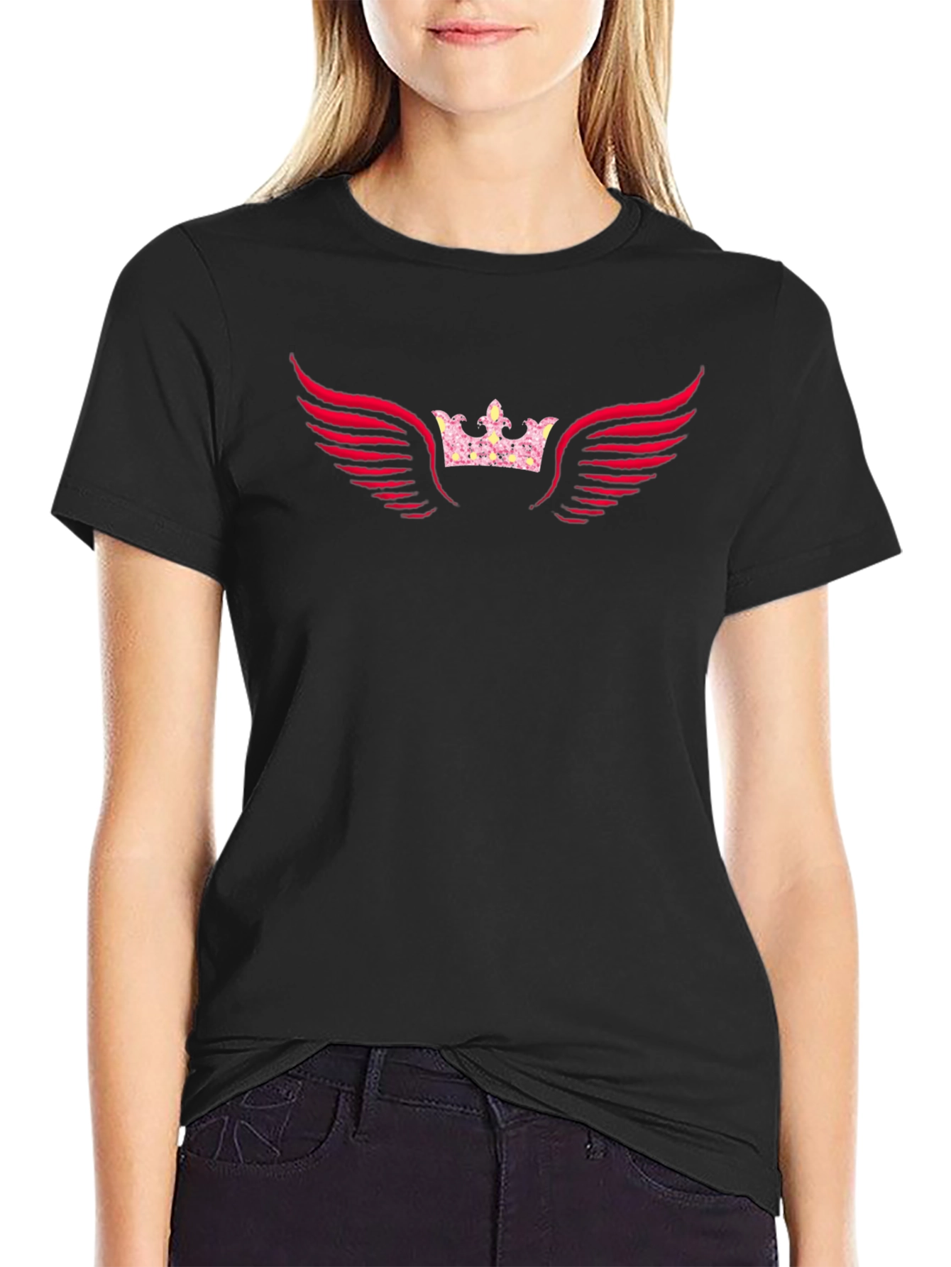 Black Graphic Tee - Crown & Wings Design