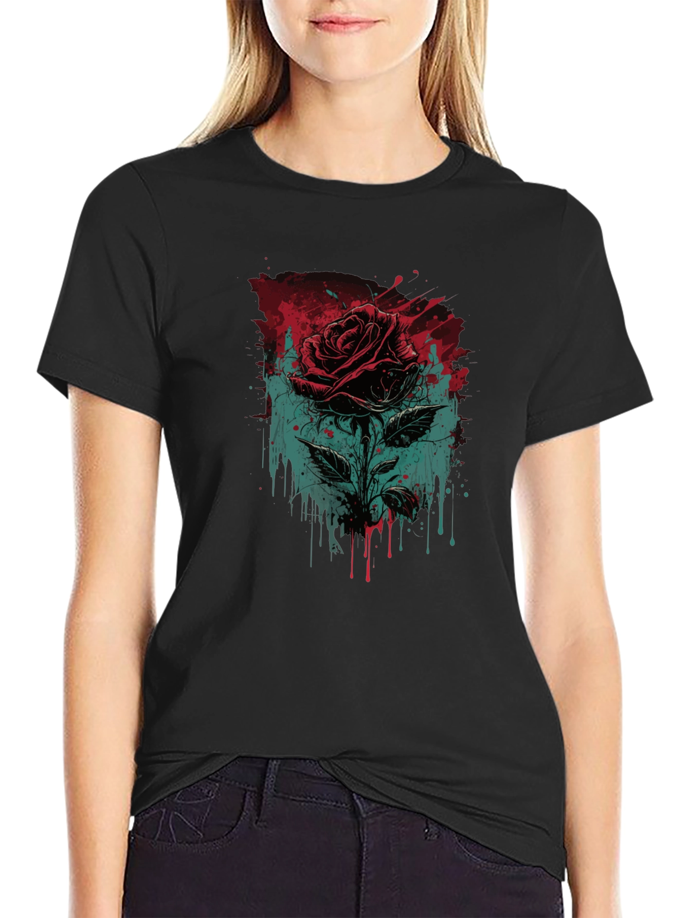 Rose Graphic Print Black T-Shirt