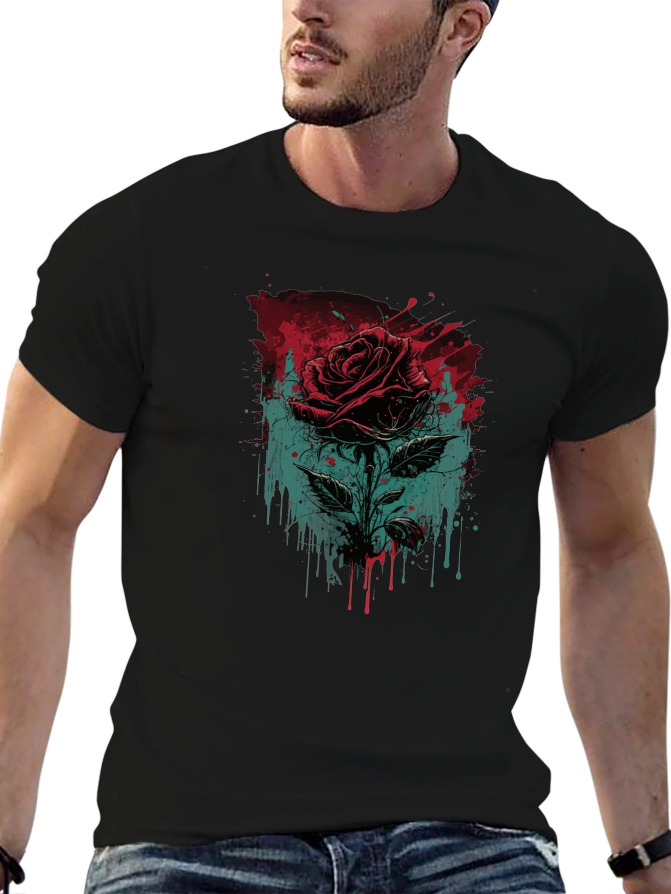 Rose Graphic Print Black T-Shirt