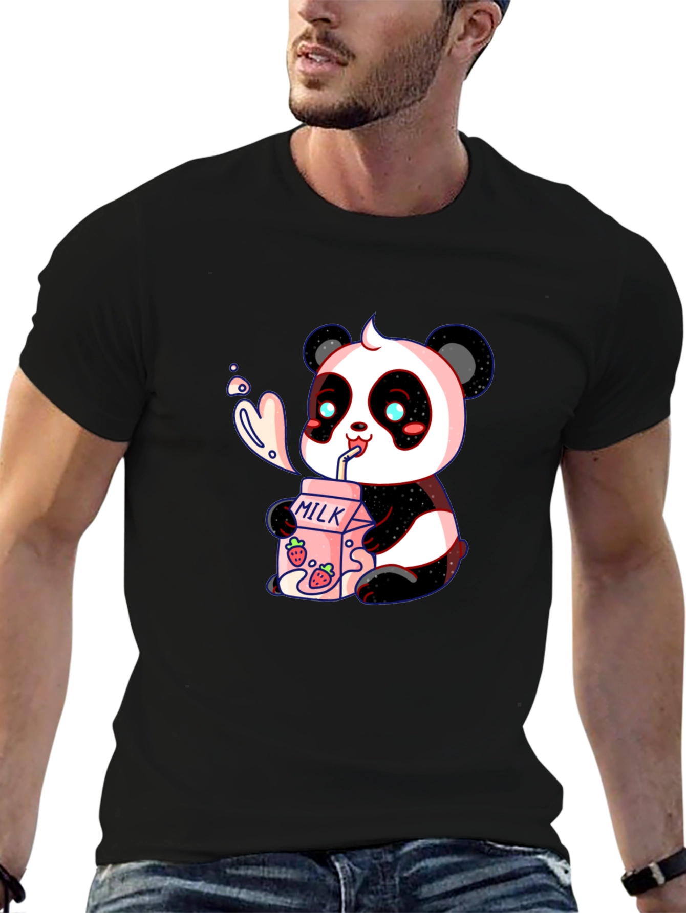 Cute Panda Drinking Milk Graphic T-Shirt