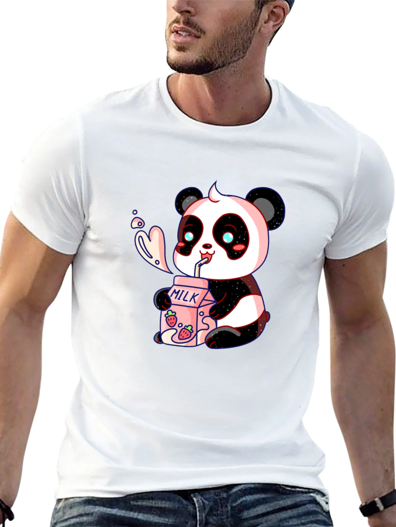 Cute Panda Drinking Milk Graphic T-Shirt