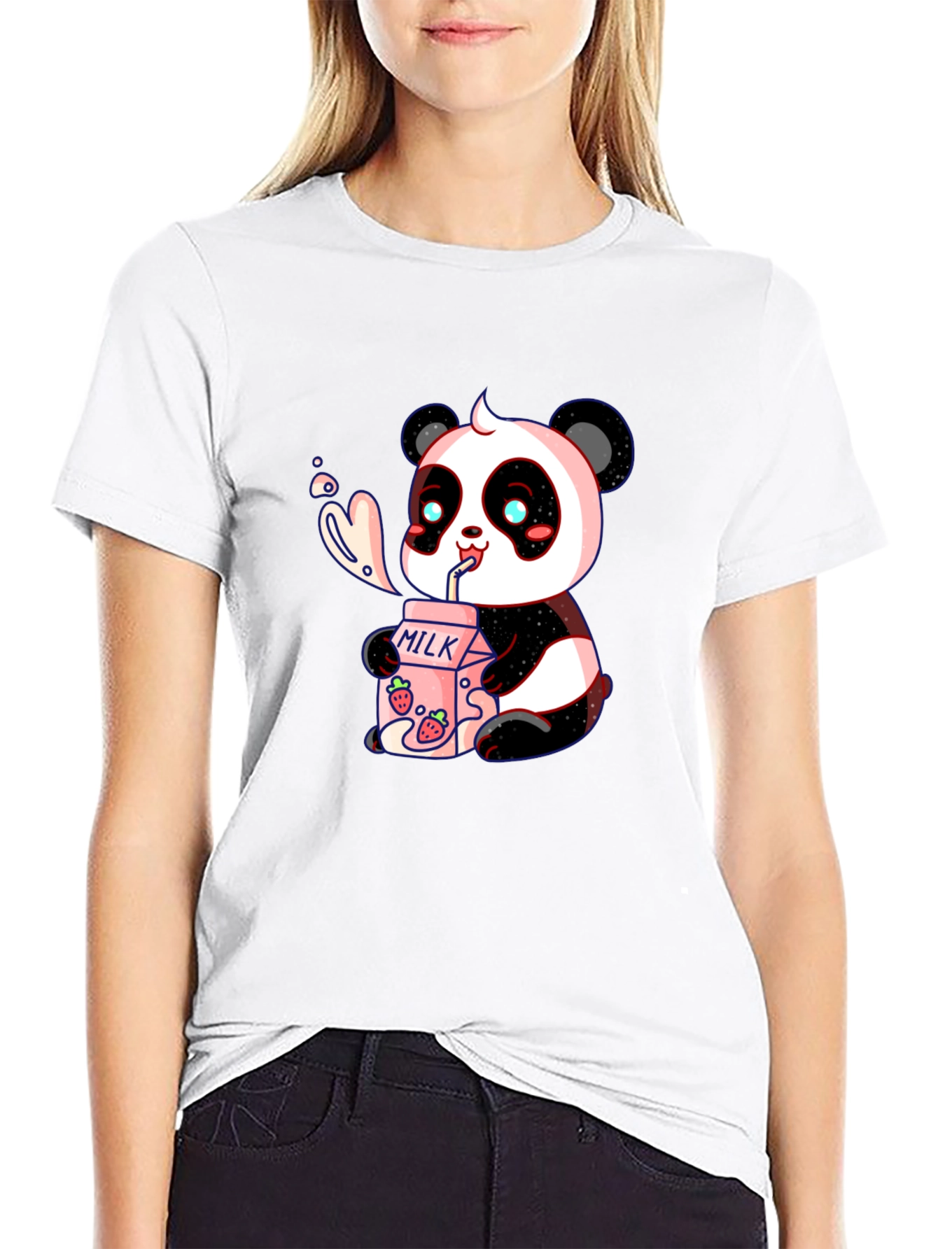 Cute Panda Drinking Milk Graphic T-Shirt