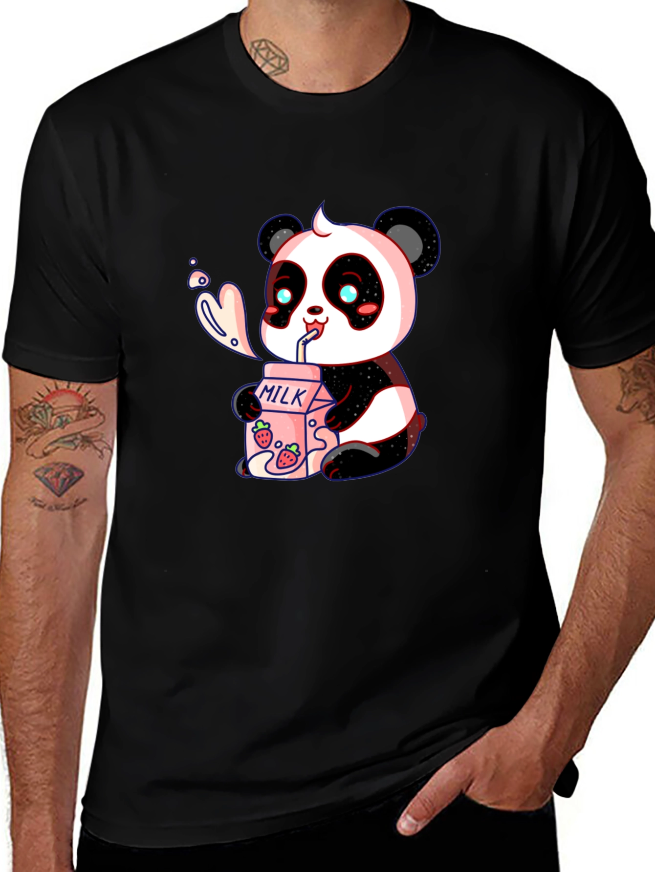 Cute Panda Drinking Milk Graphic T-Shirt