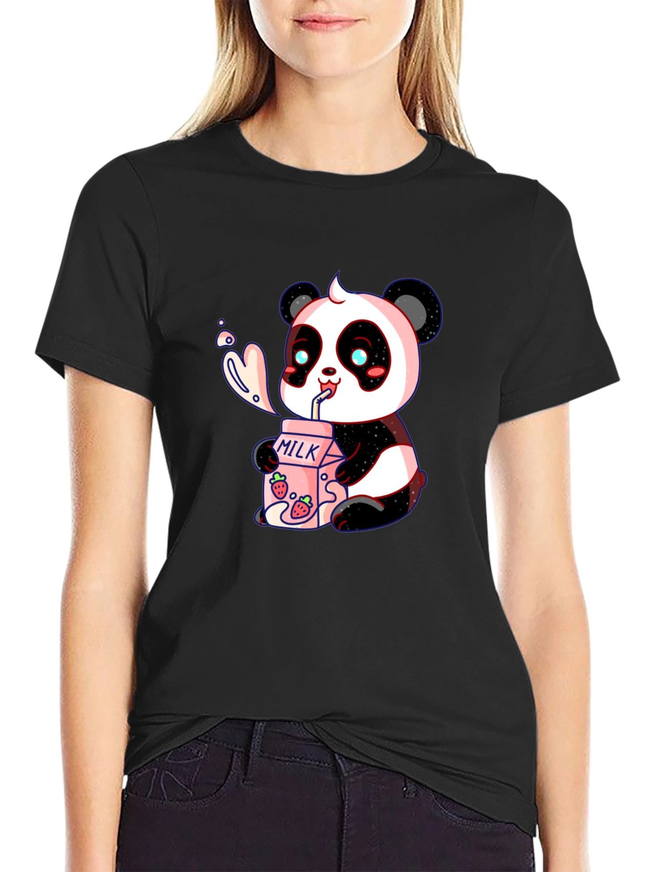 Cute Panda Drinking Milk Graphic T-Shirt