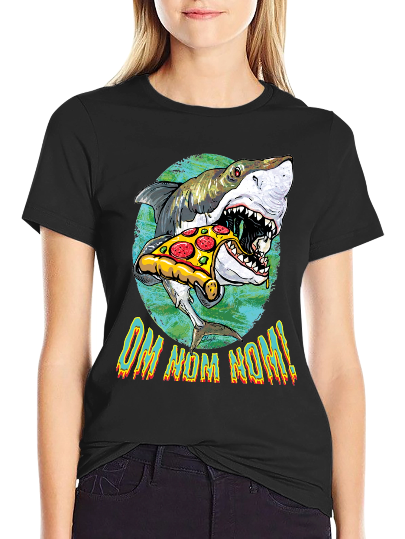 Shark Eating Pizza Graphic T-Shirt - OM NOM NOM!