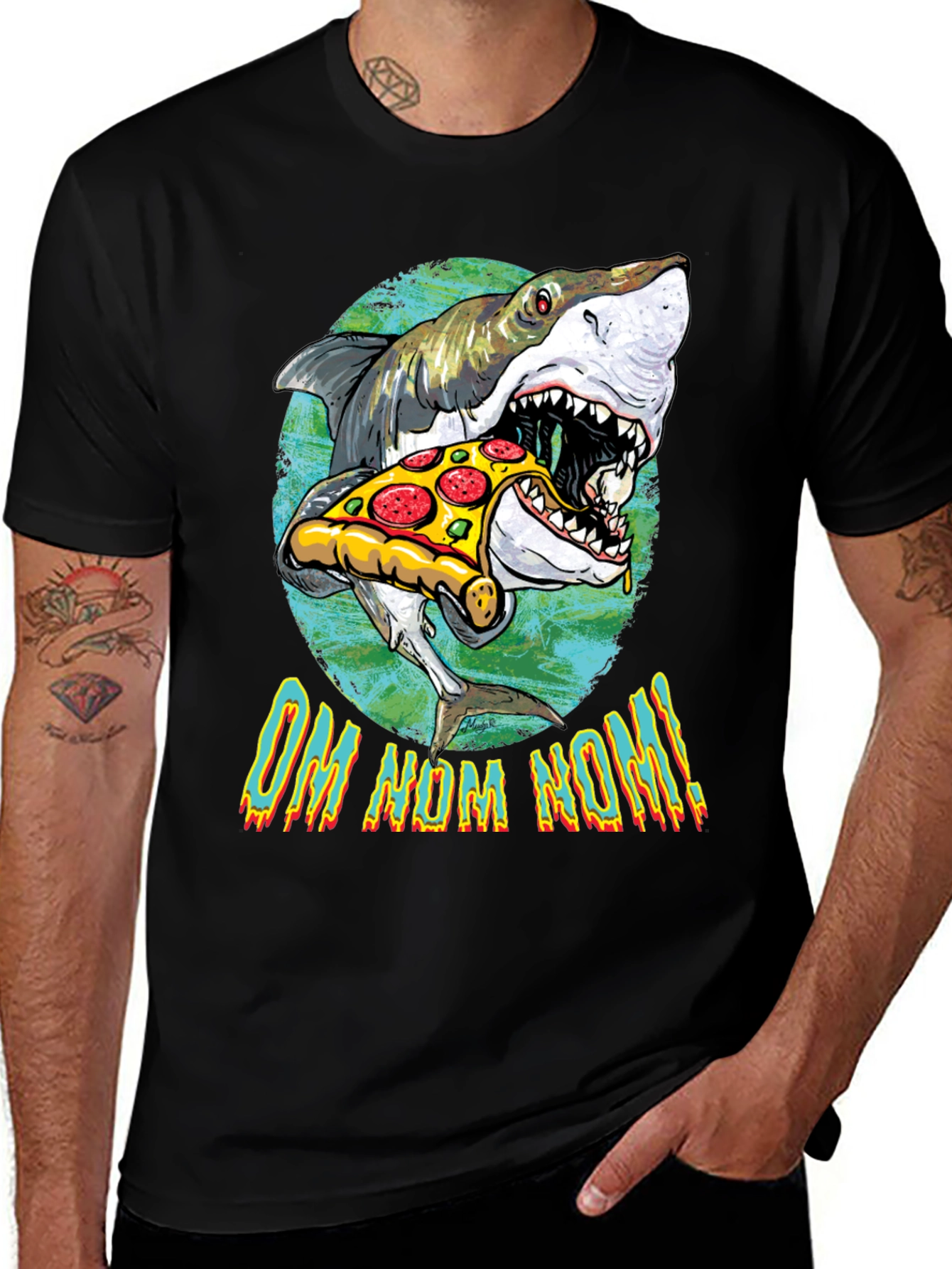 Shark Eating Pizza Graphic T-Shirt - OM NOM NOM!