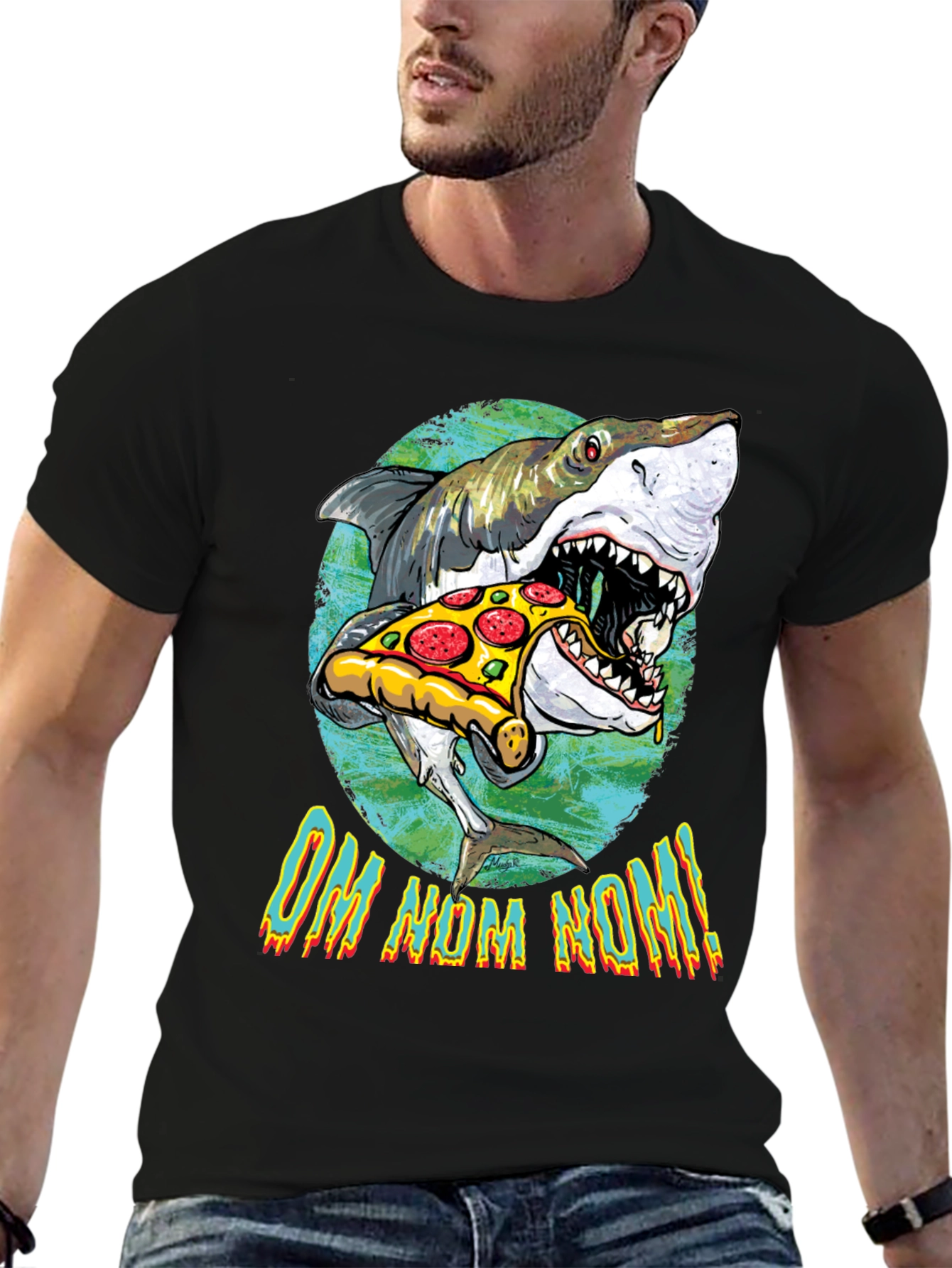 Shark Eating Pizza Graphic T-Shirt - OM NOM NOM!