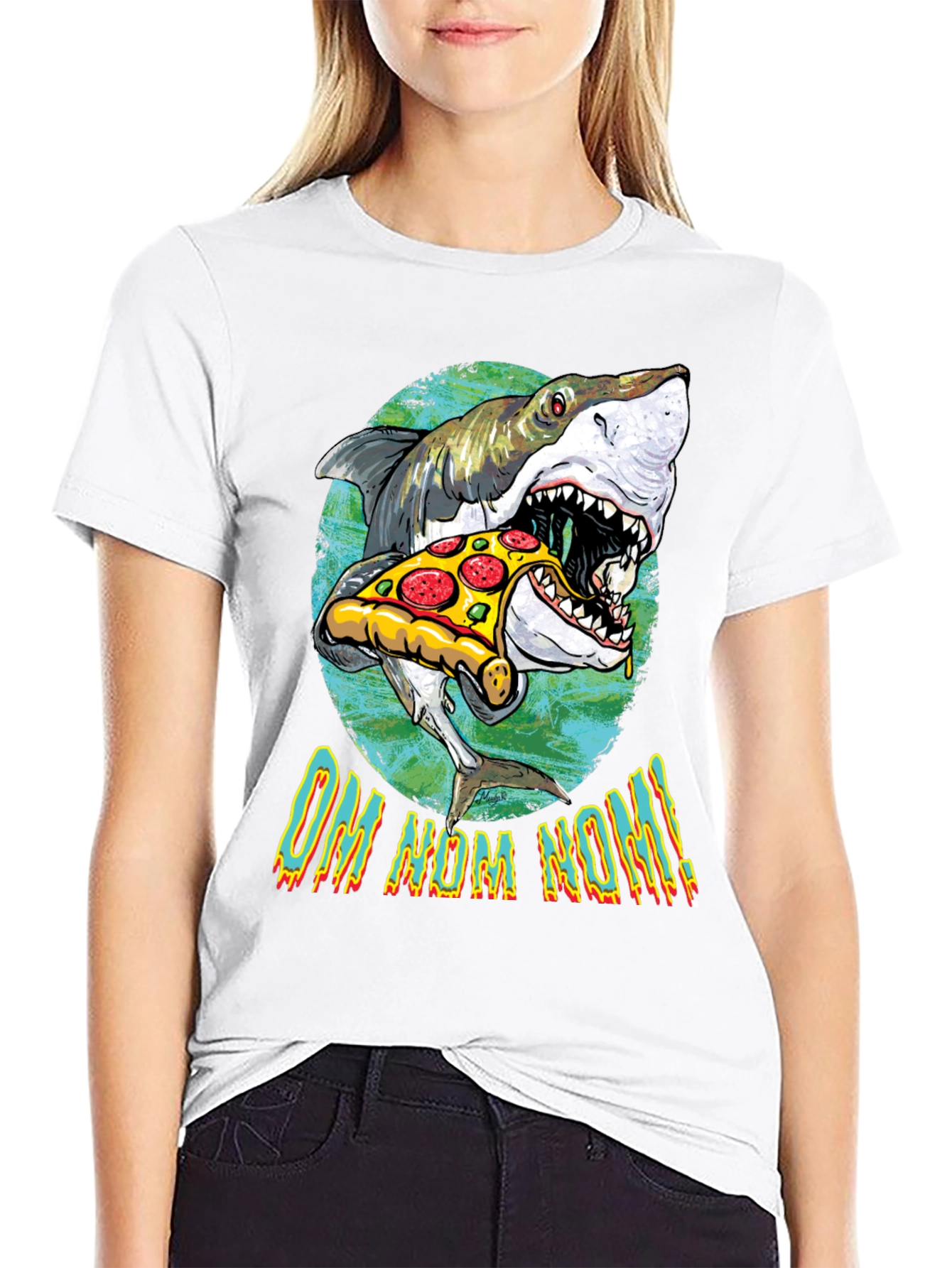 Shark Eating Pizza Graphic T-Shirt - OM NOM NOM!