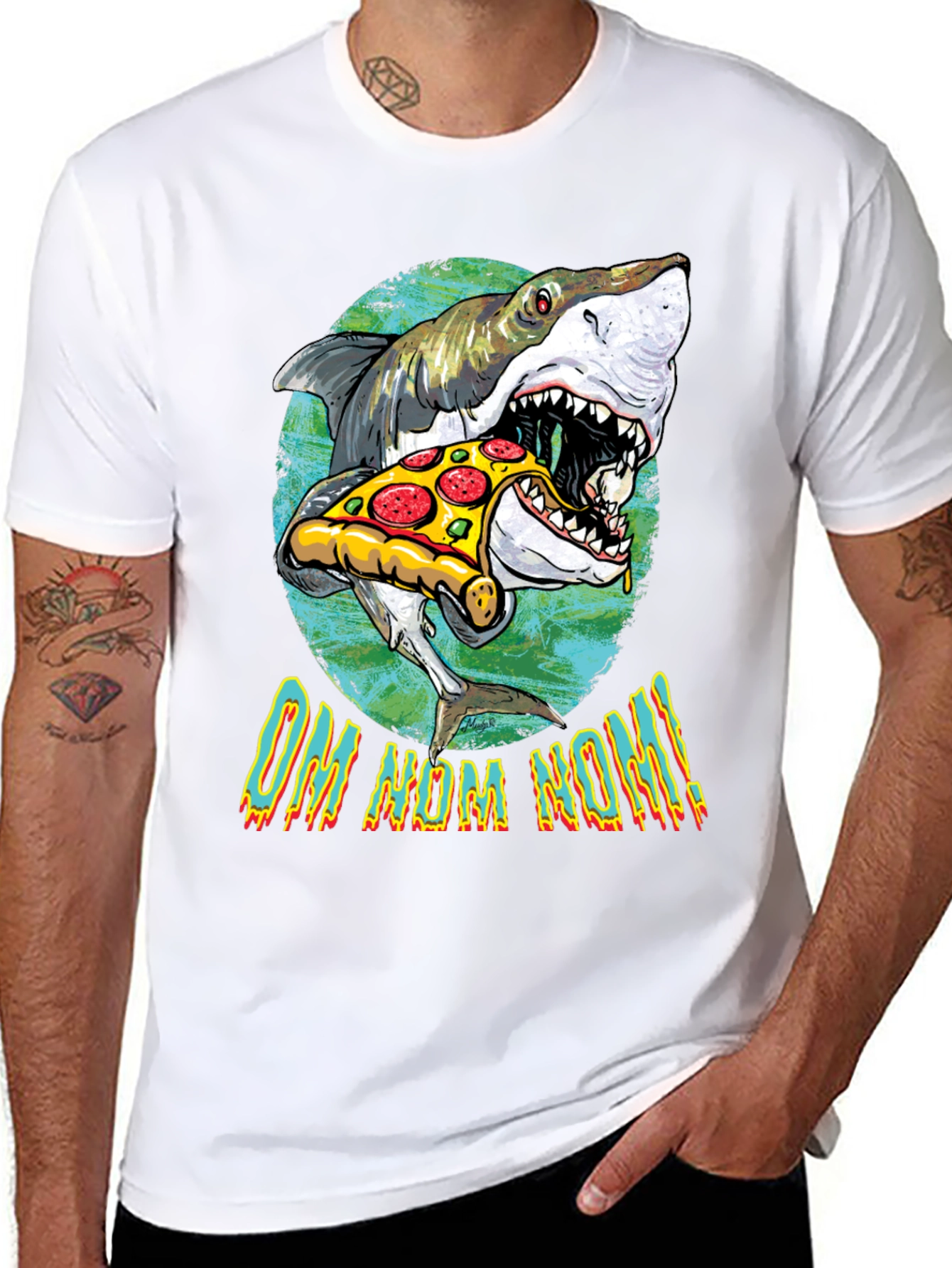Shark Eating Pizza Graphic T-Shirt - OM NOM NOM!
