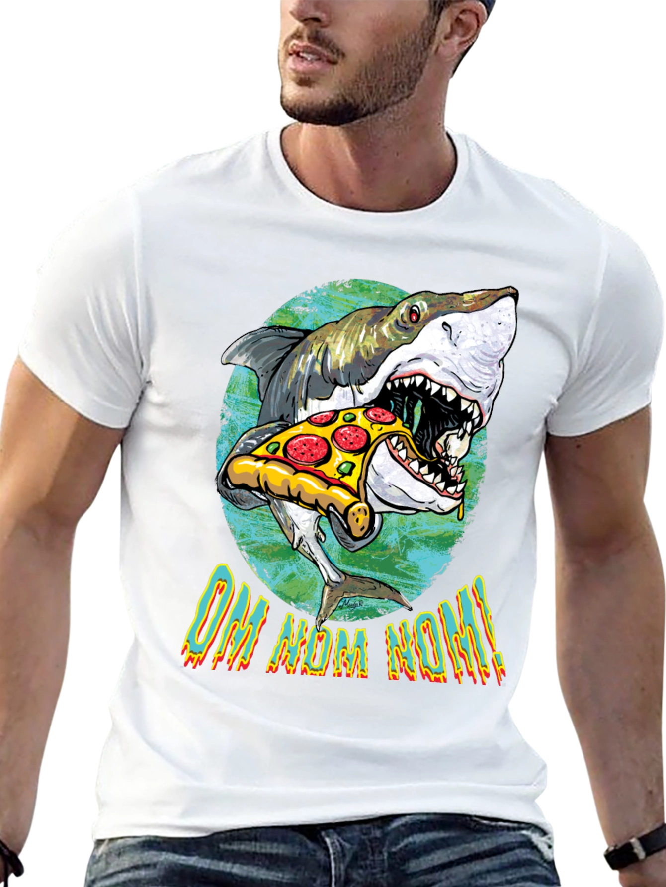Shark Eating Pizza Graphic T-Shirt - OM NOM NOM!