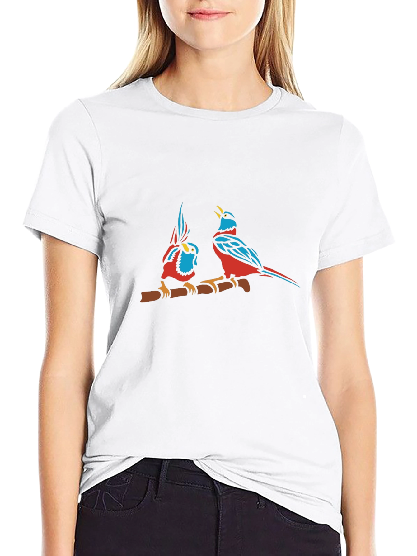 Bird Print Black Cotton T-Shirt