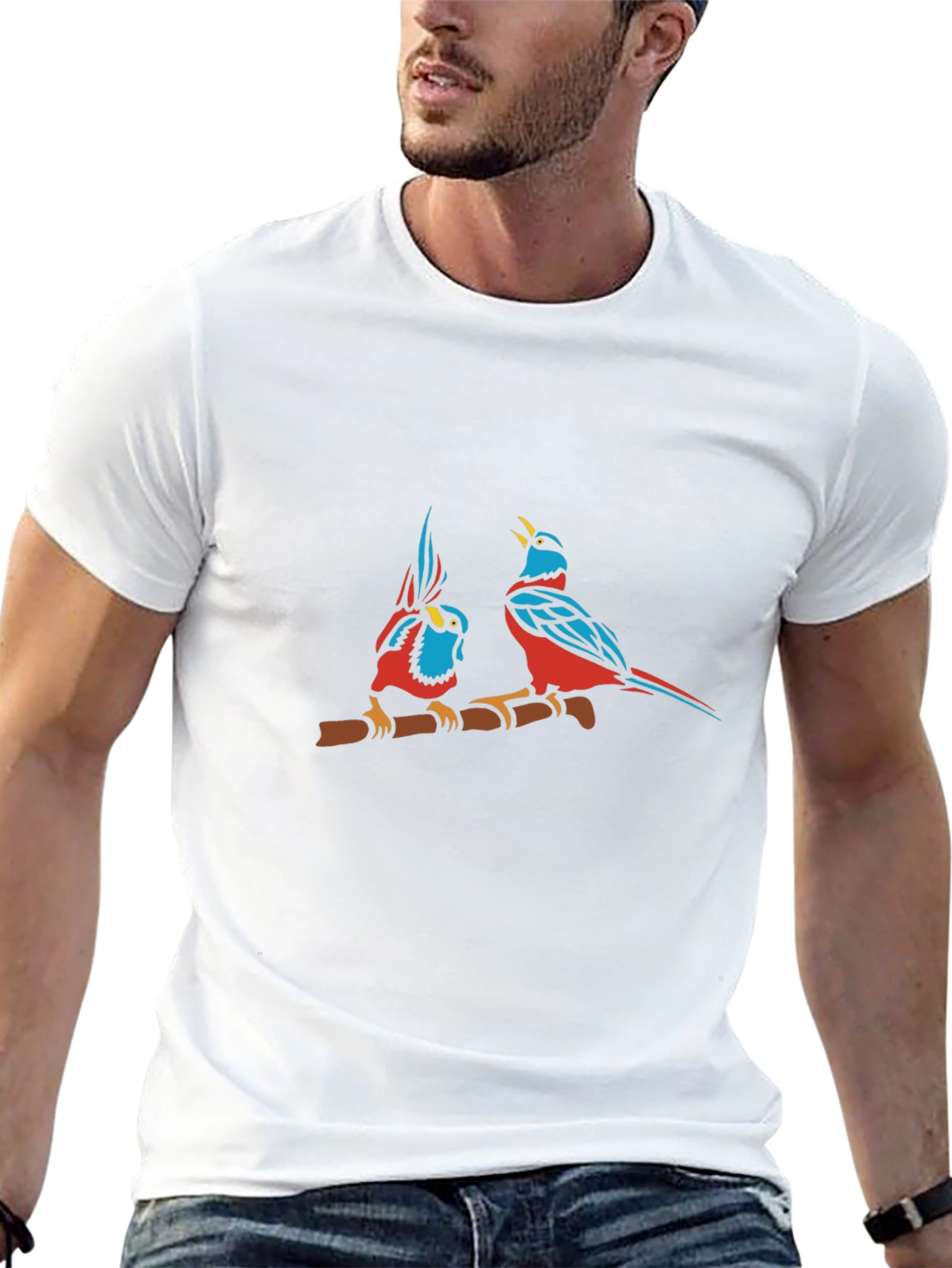Bird Print Black Cotton T-Shirt
