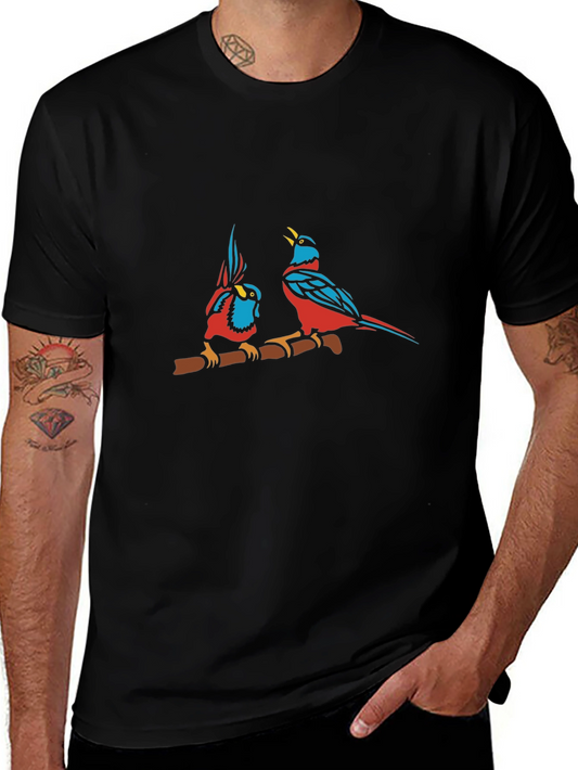 Bird Print Black Cotton T-Shirt
