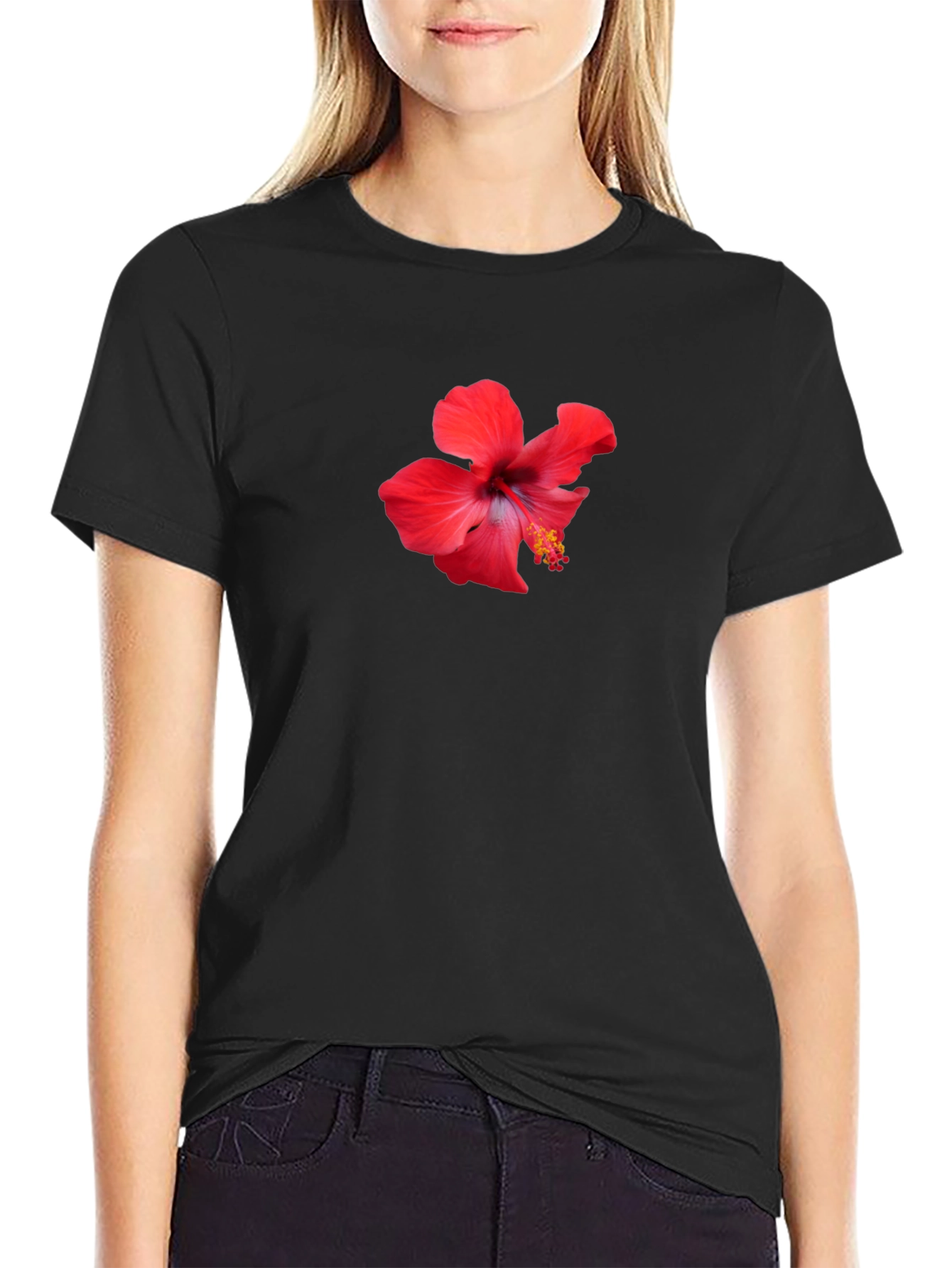 Hibiscus Flower Graphic Black T-Shirt