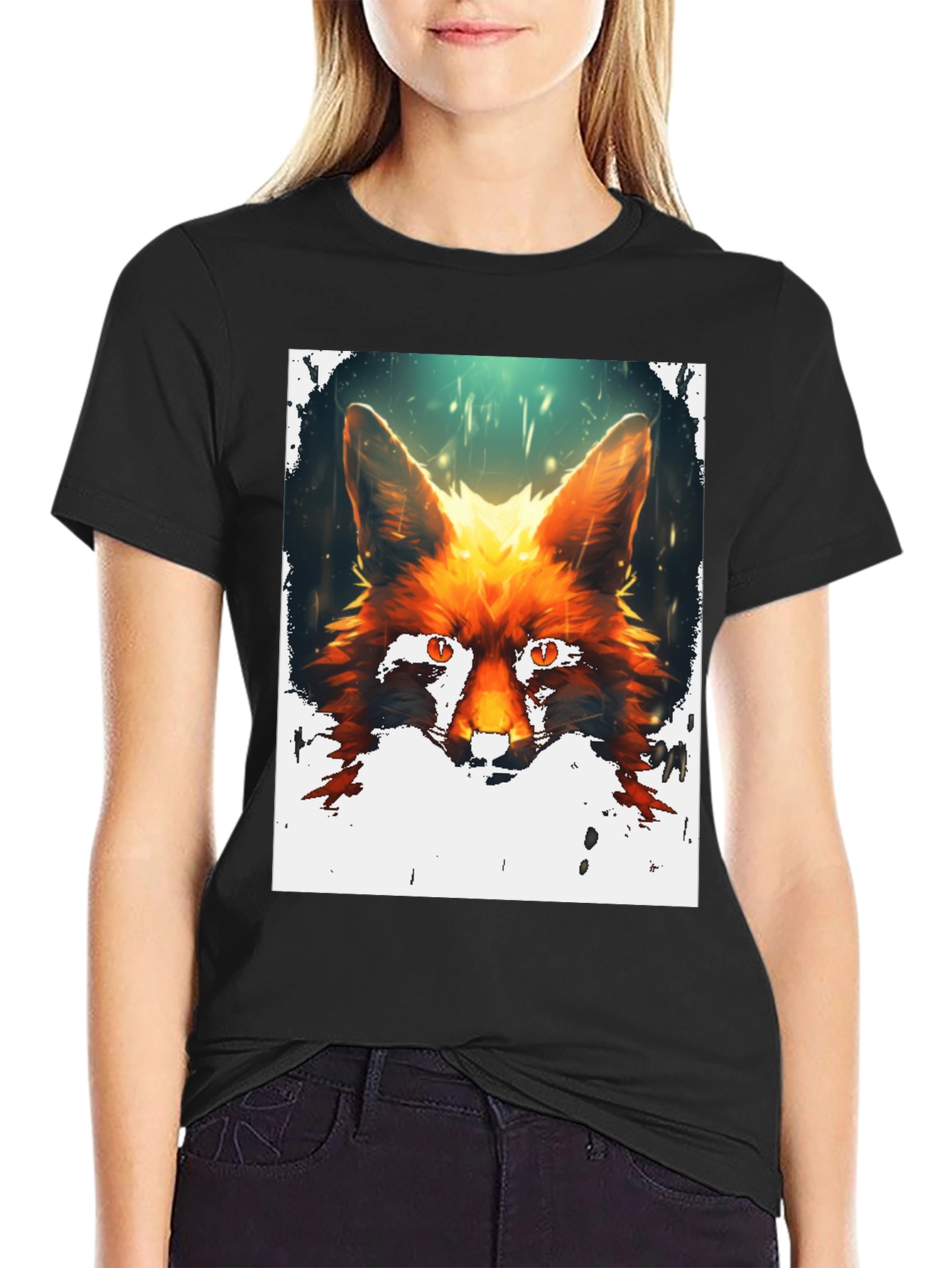Fox Portrait Graphic Print Black T-Shirt