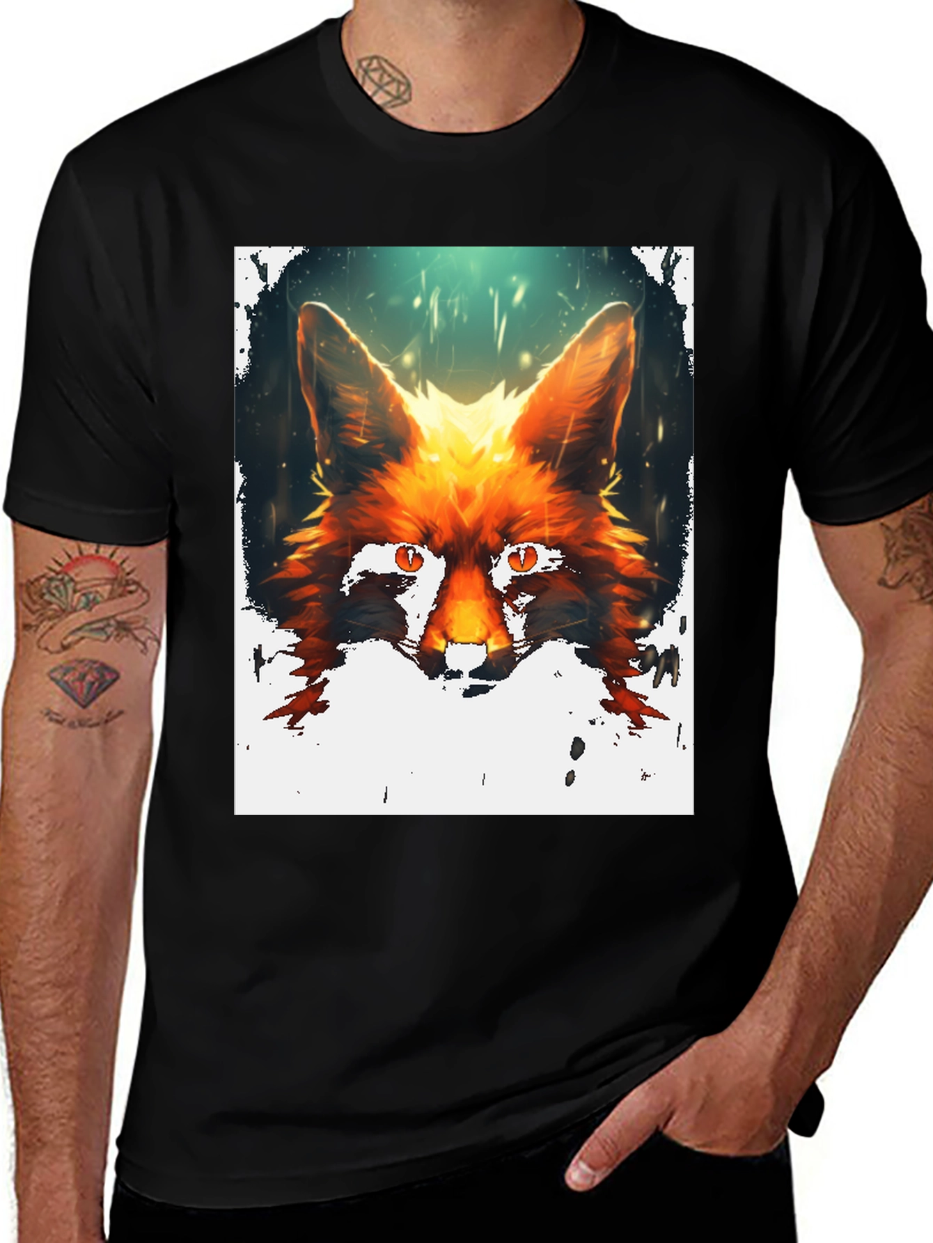 Fox Portrait Graphic Print Black T-Shirt