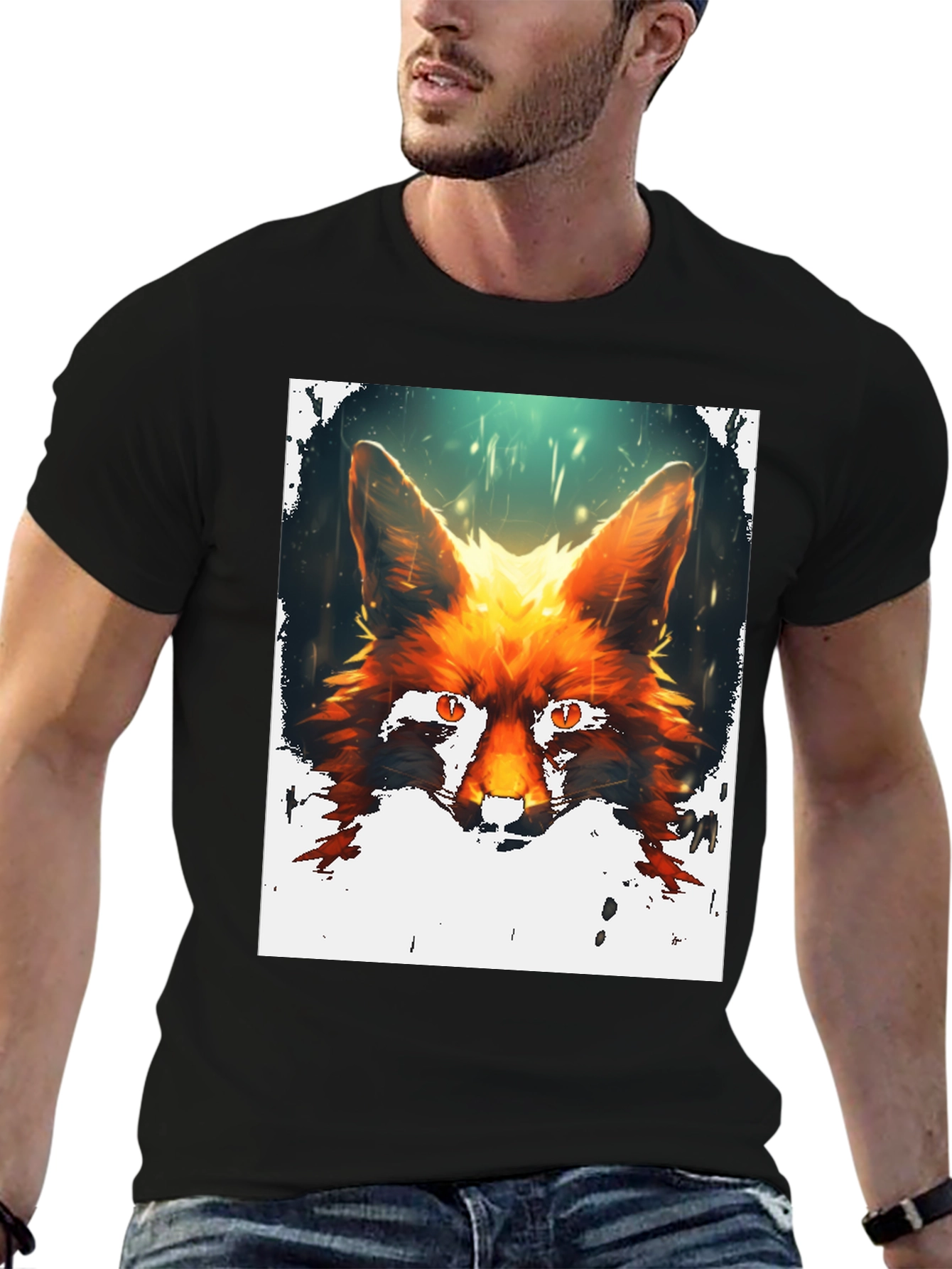 Fox Portrait Graphic Print Black T-Shirt