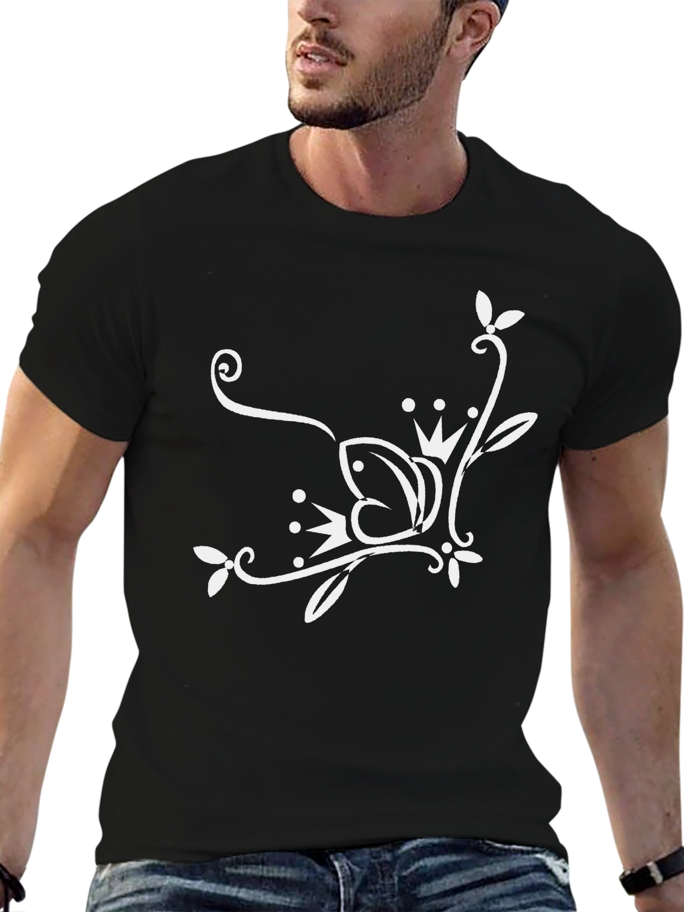Stylish Black T-Shirt with White Floral Design