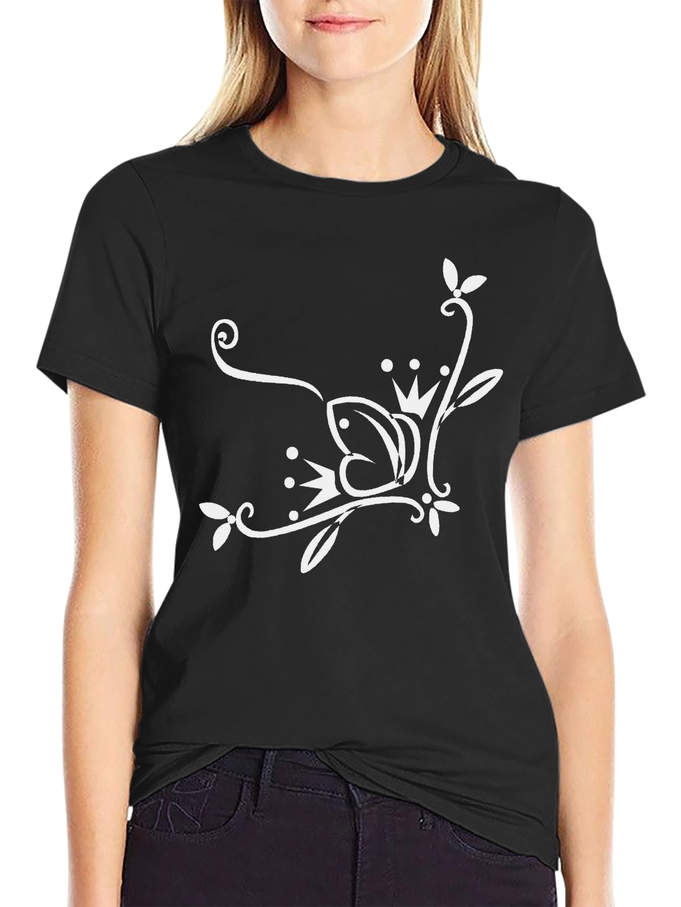 Stylish Black T-Shirt with White Floral Design