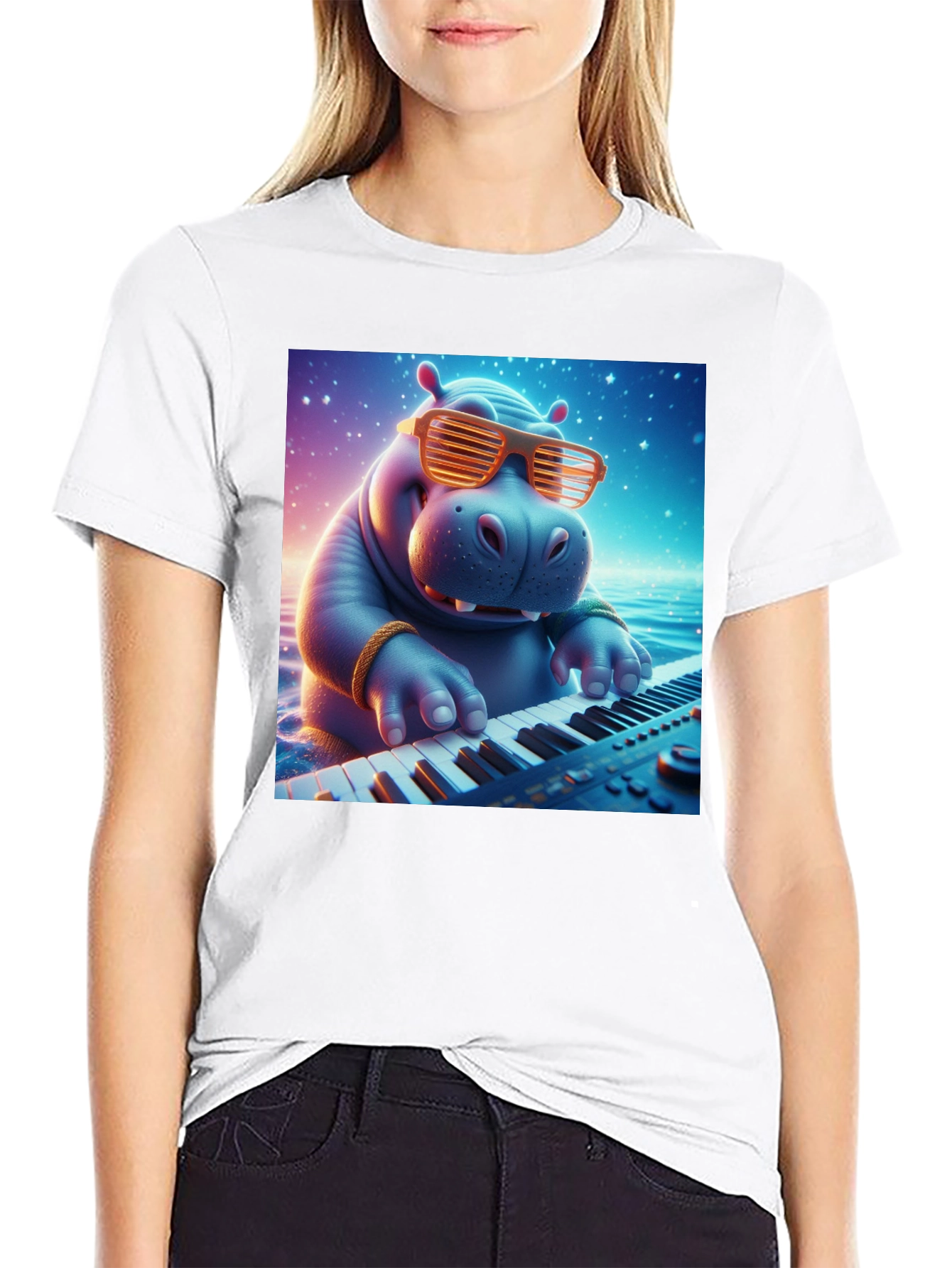 Hippo Pianist Graphic Tee - Cool Cartoon Animal Shirt