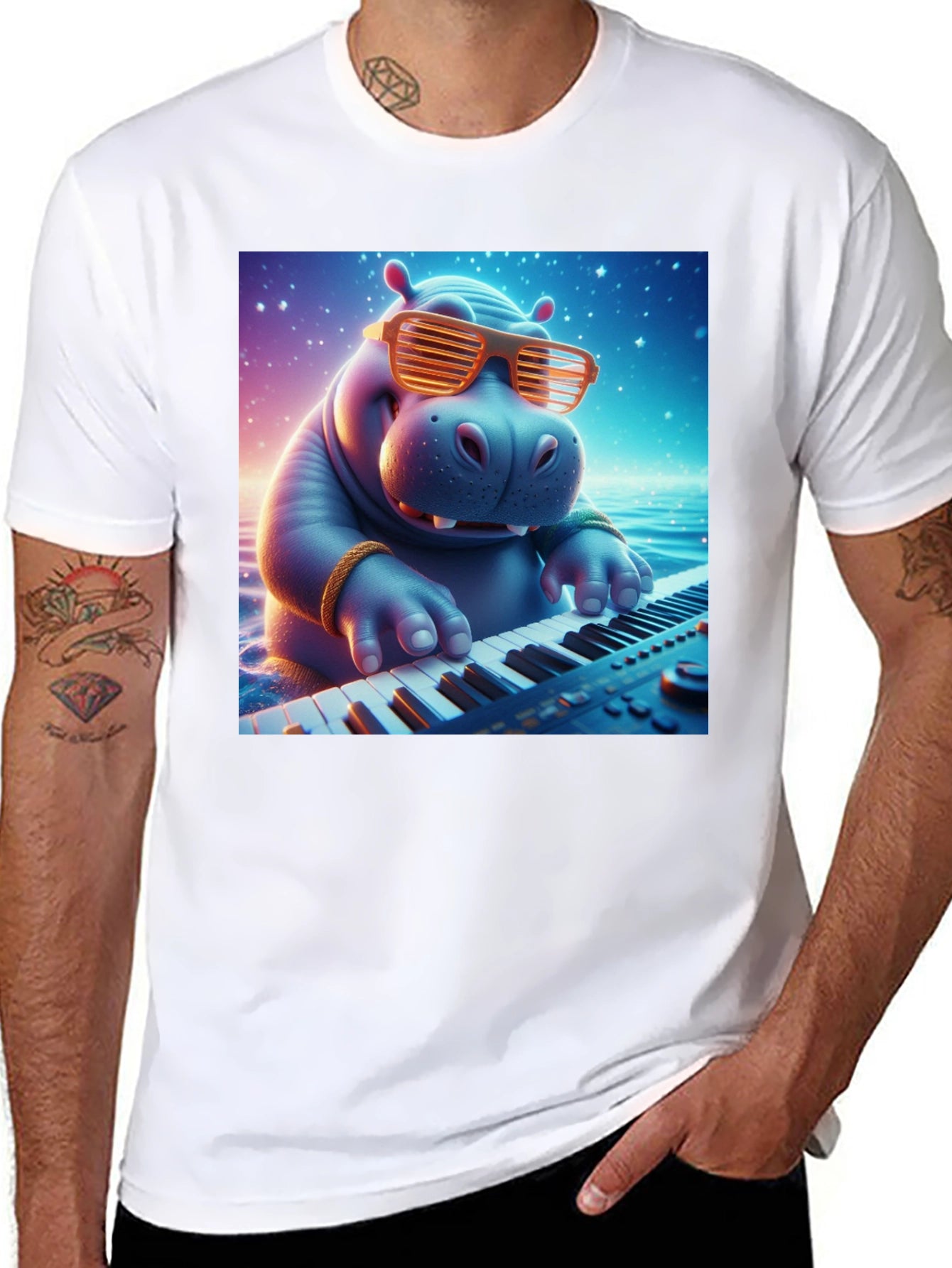 Hippo Pianist Graphic Tee - Cool Cartoon Animal Shirt