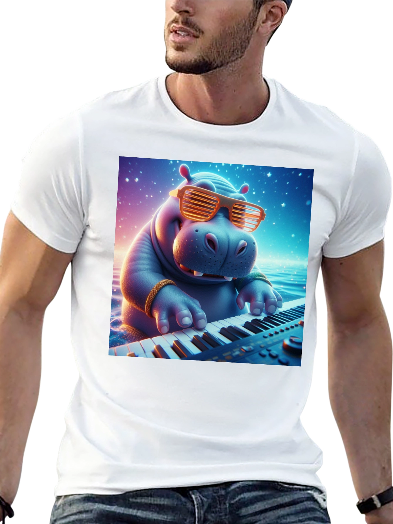 Hippo Pianist Graphic Tee - Cool Cartoon Animal Shirt