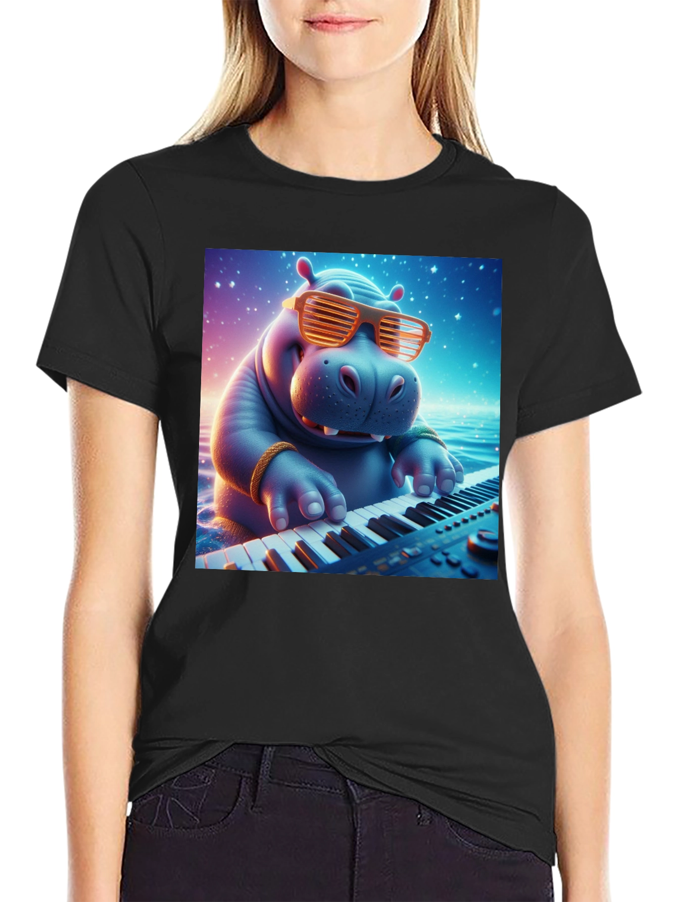 Hippo Pianist Graphic Tee - Cool Cartoon Animal Shirt