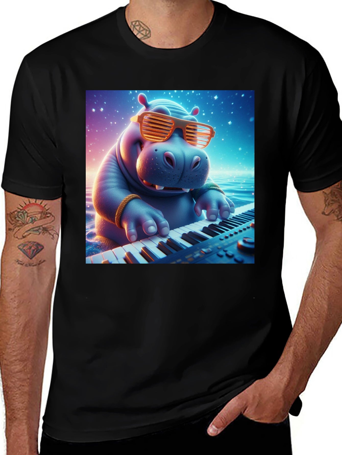 Hippo Pianist Graphic Tee - Cool Cartoon Animal Shirt