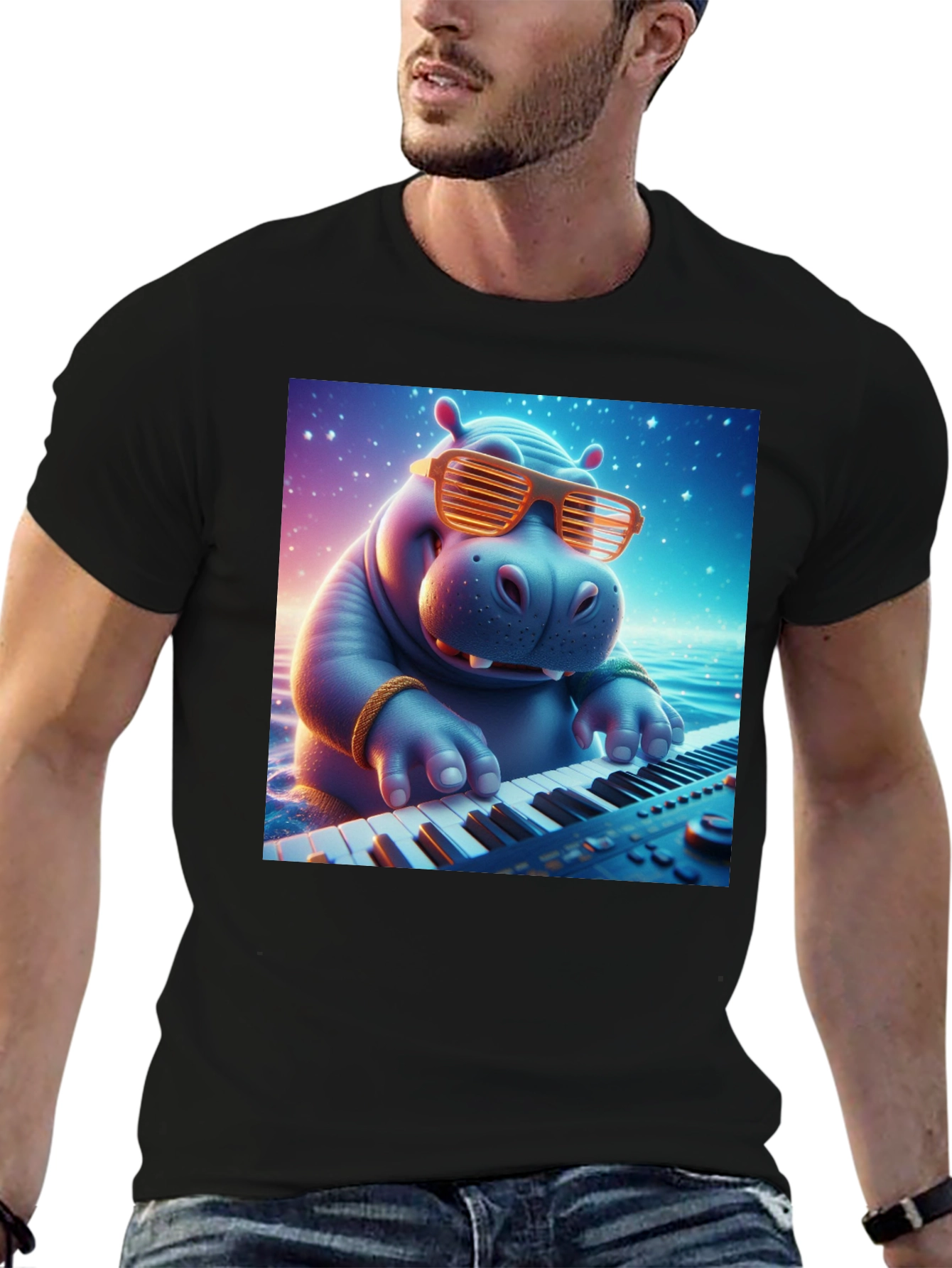 Hippo Pianist Graphic Tee - Cool Cartoon Animal Shirt