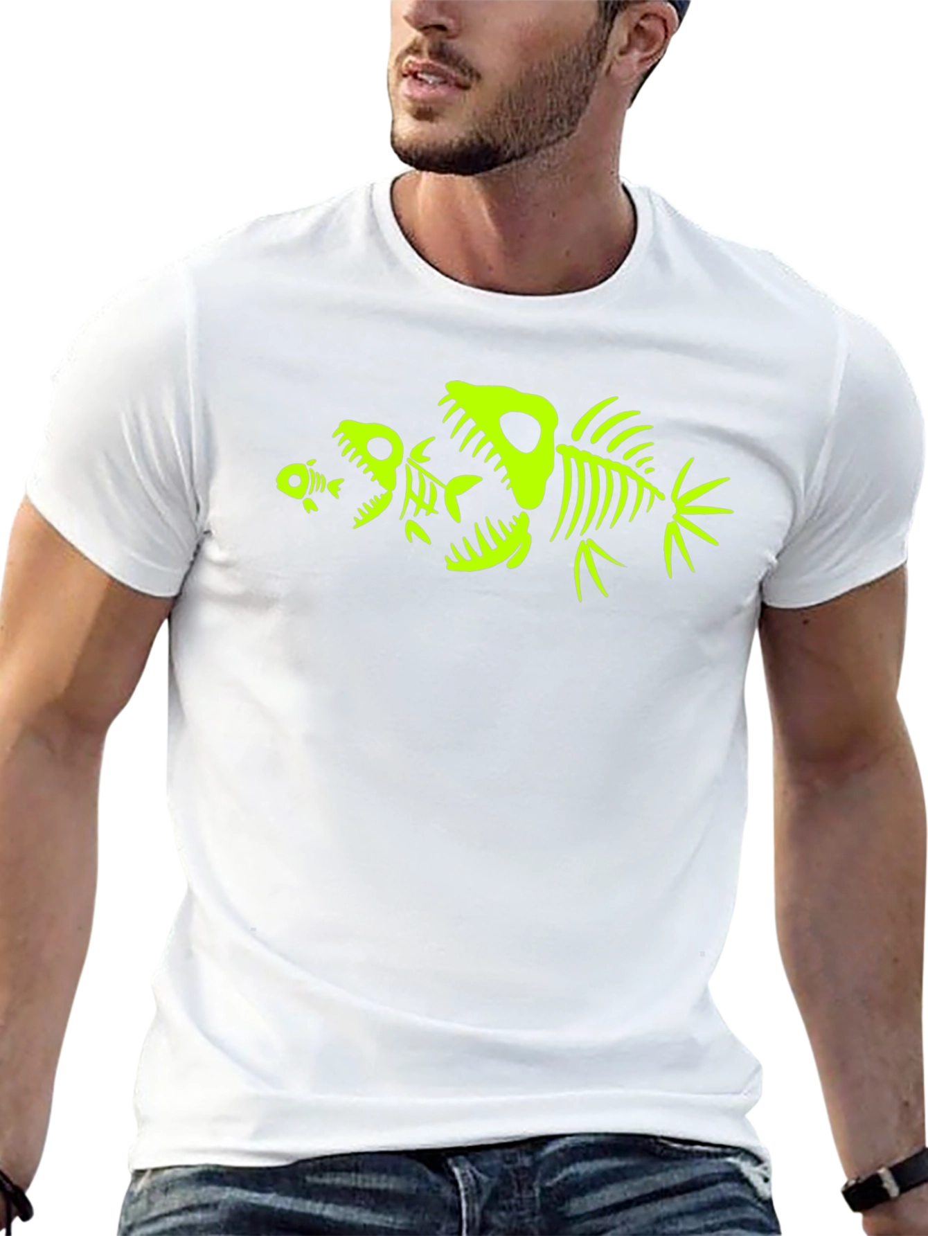 Mens Black T-Shirt with Fish Skeleton Graphic