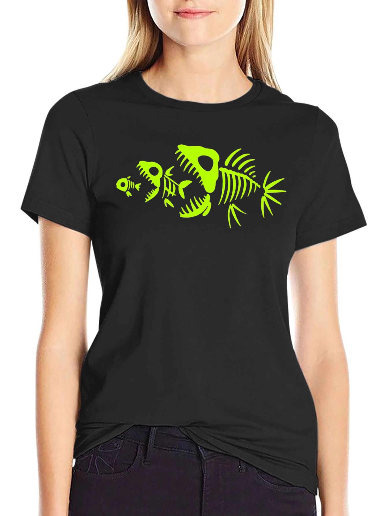 Mens Black T-Shirt with Fish Skeleton Graphic