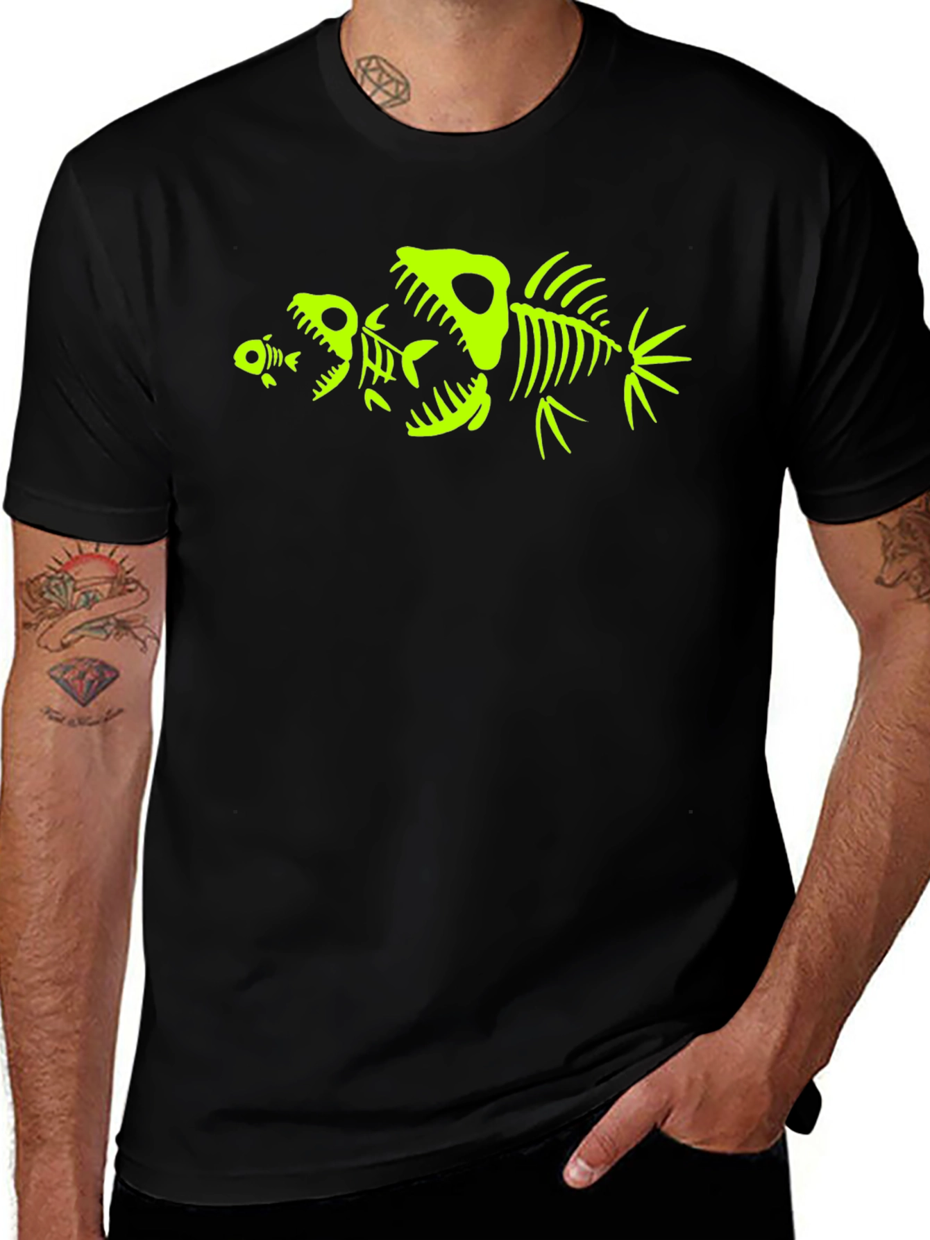 Mens Black T-Shirt with Fish Skeleton Graphic
