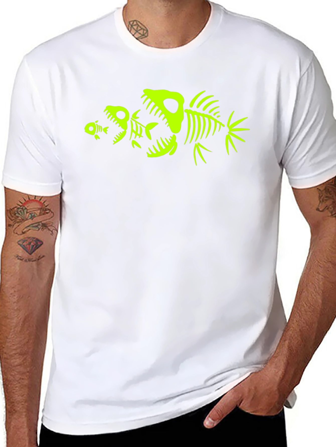 Mens Black T-Shirt with Fish Skeleton Graphic