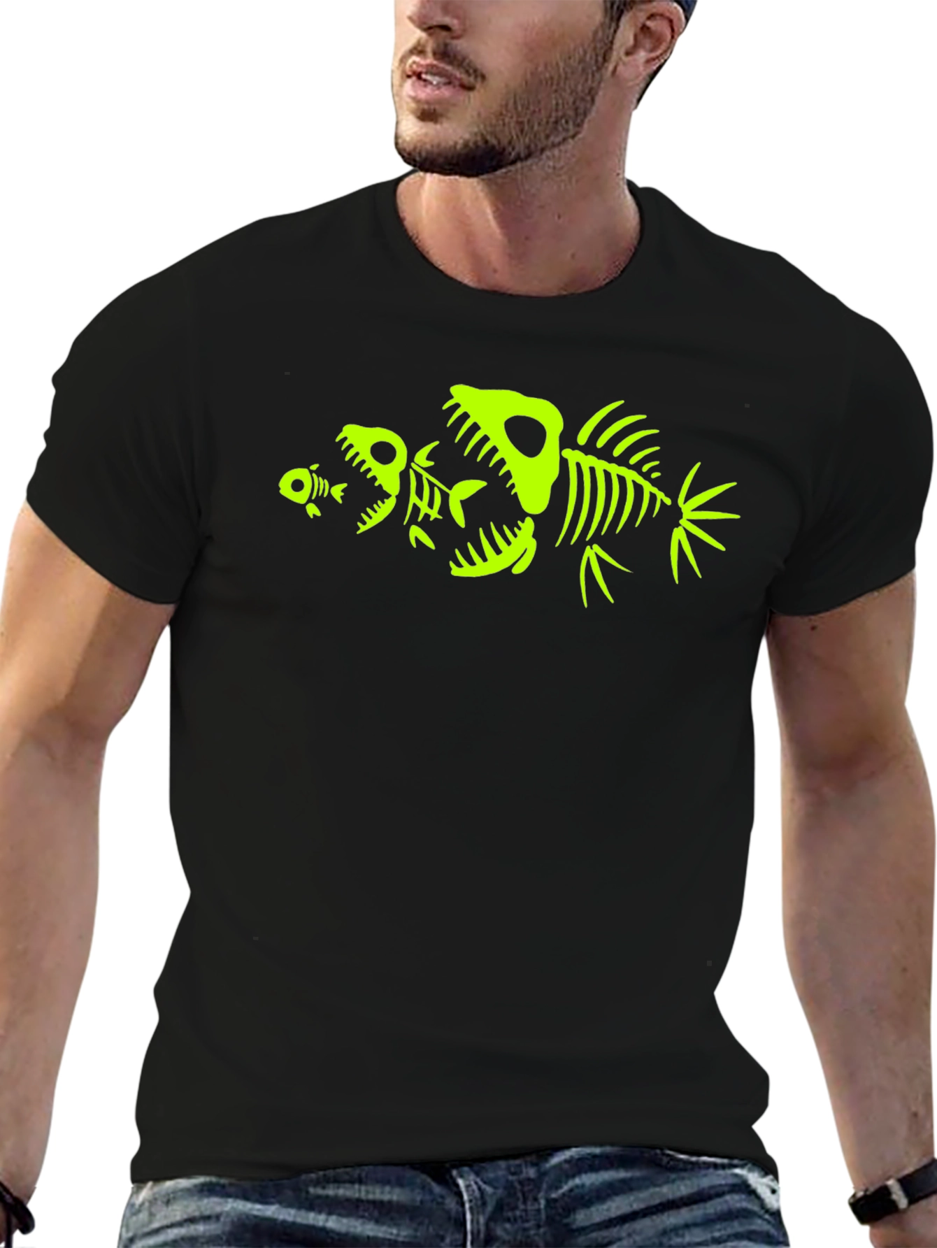 Mens Black T-Shirt with Fish Skeleton Graphic
