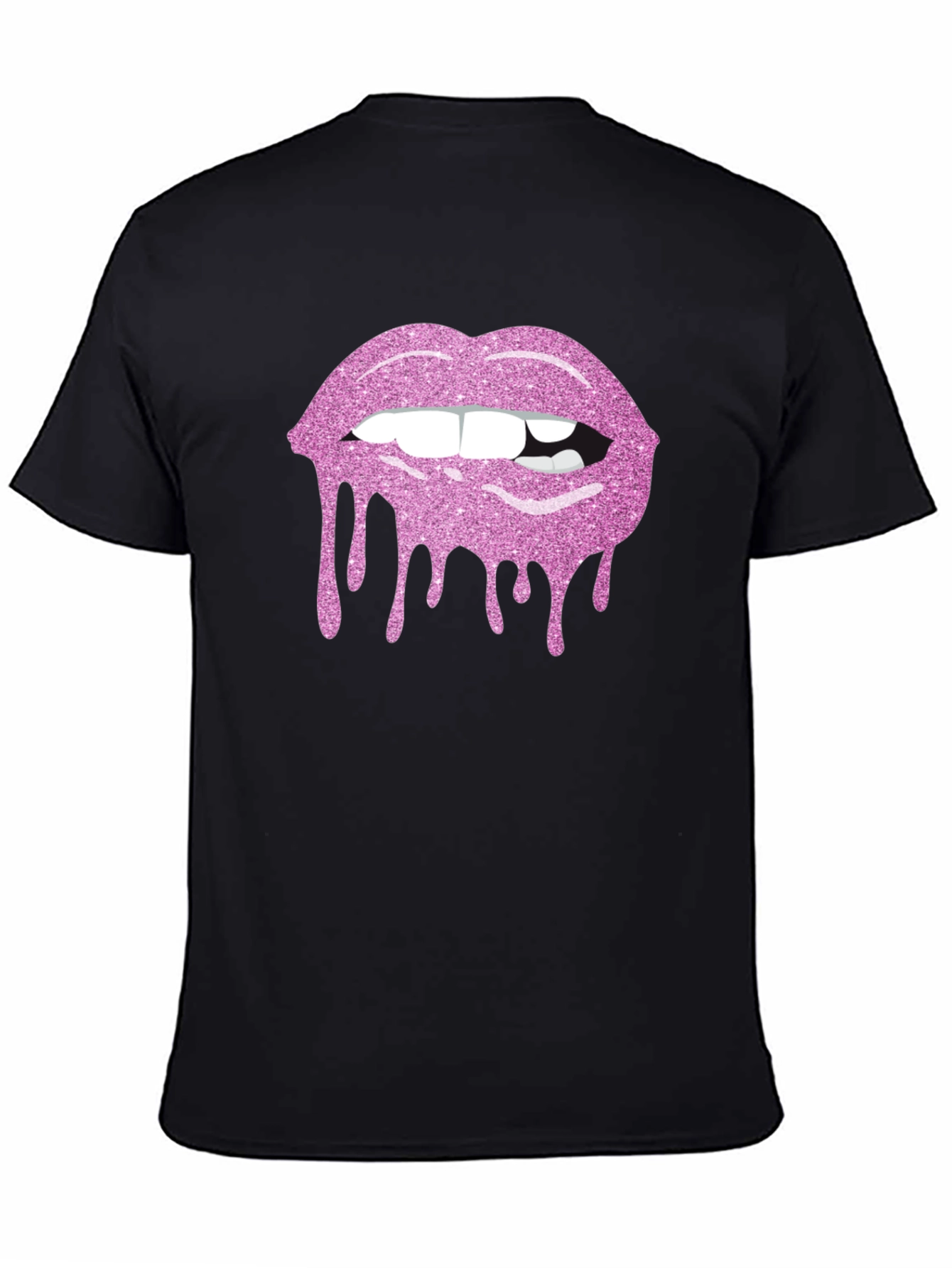 Pink Glitter Lips Black T-Shirt