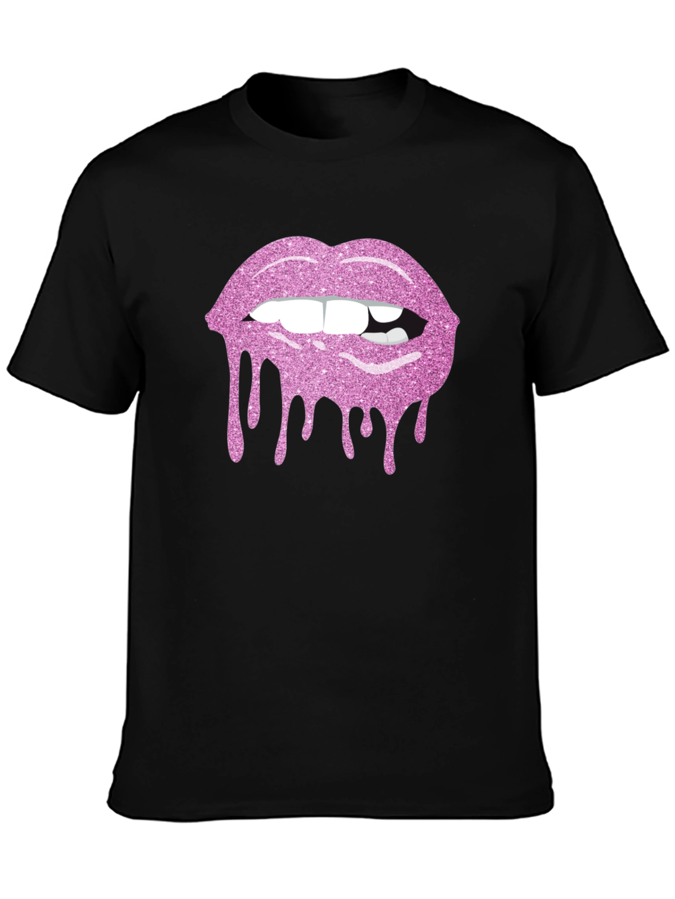 Pink Glitter Lips Black T-Shirt