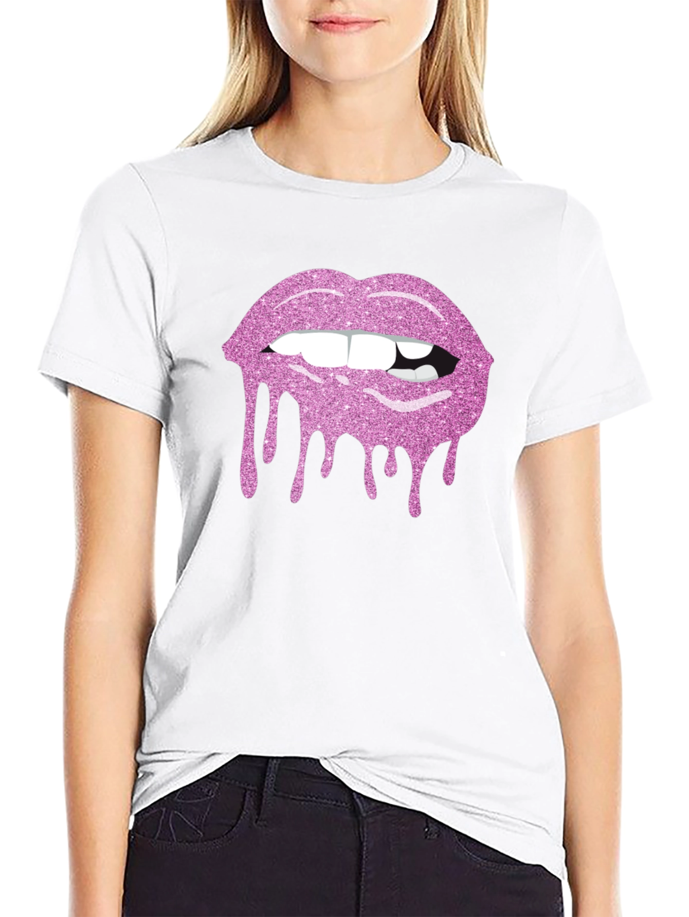 Pink Glitter Lips Black T-Shirt