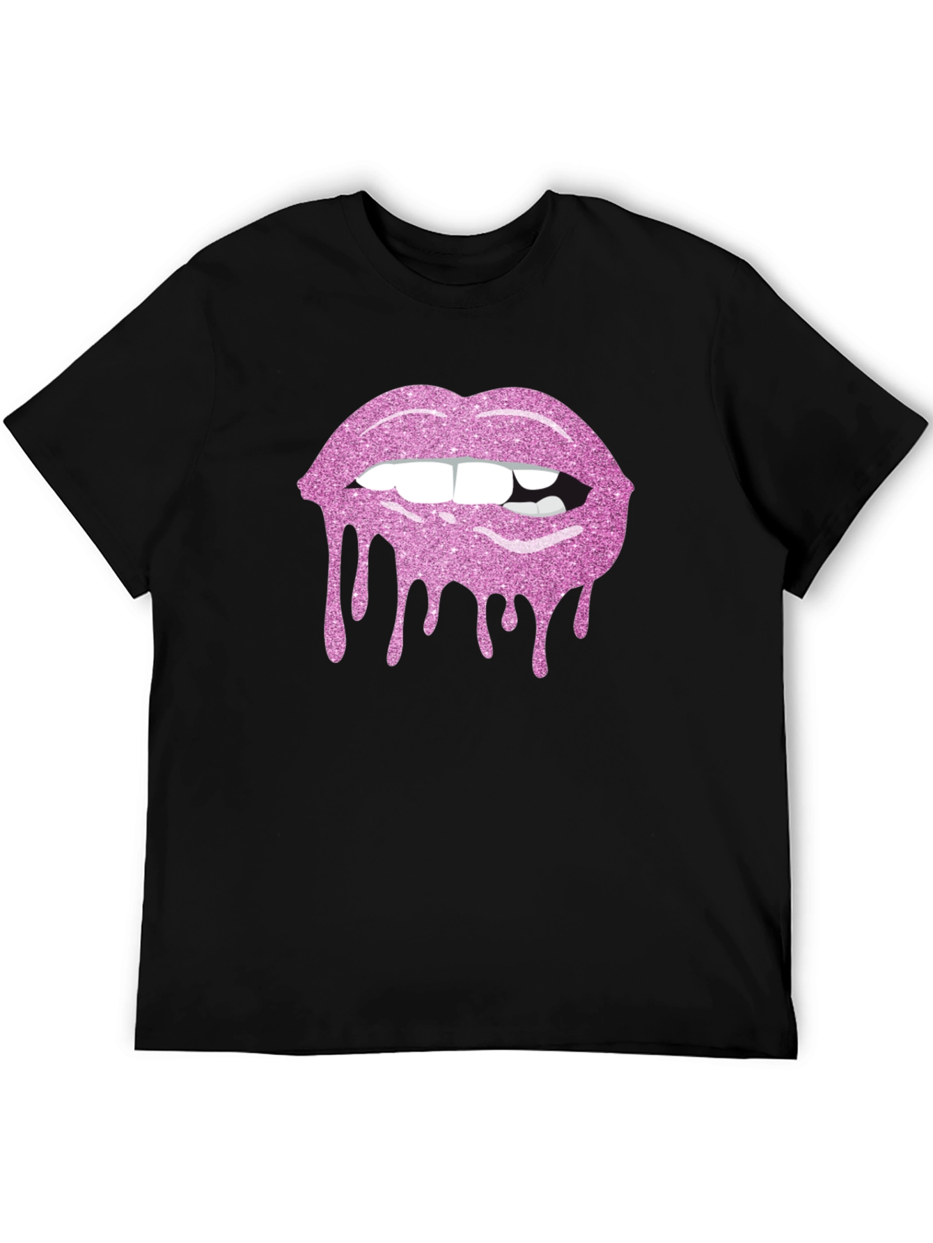 Pink Glitter Lips Black T-Shirt