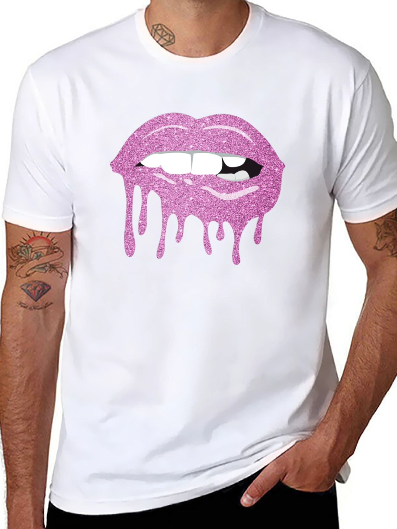 Pink Glitter Lips Black T-Shirt