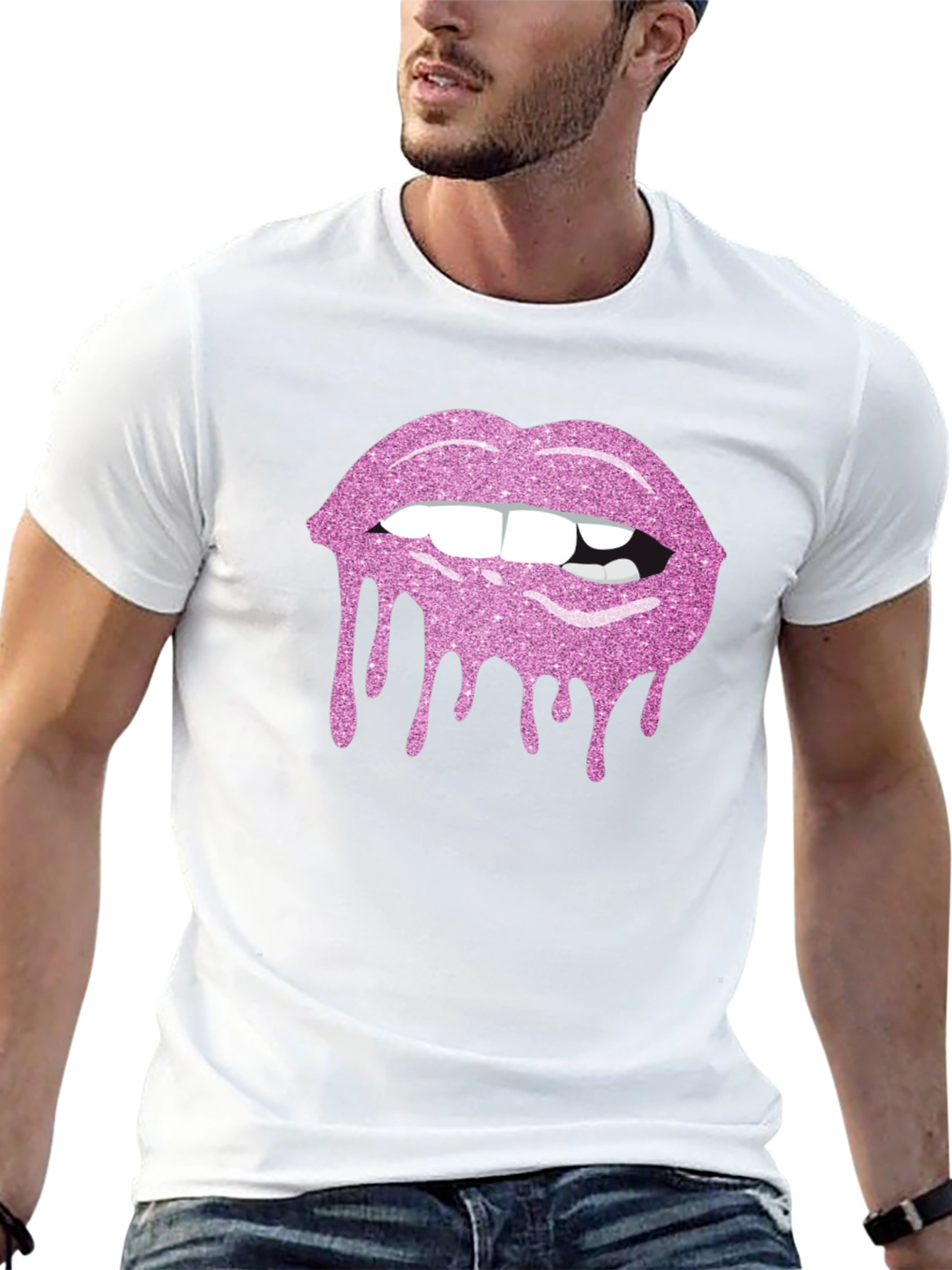 Pink Glitter Lips Black T-Shirt