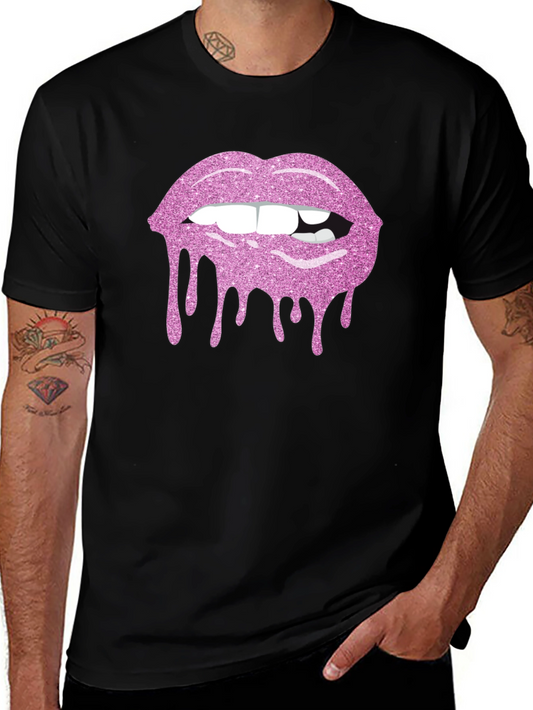 Pink Glitter Lips Black T-Shirt
